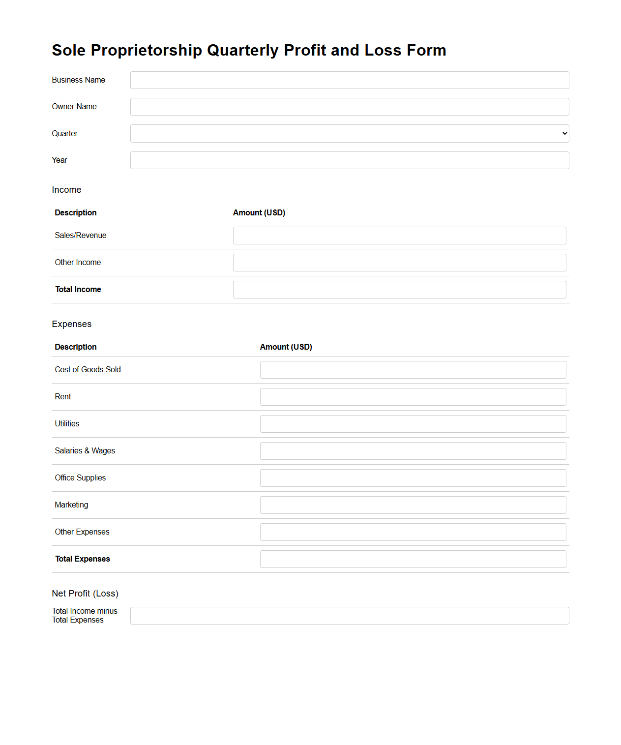 Sole Proprietorship Quarterly Profit and Loss Form