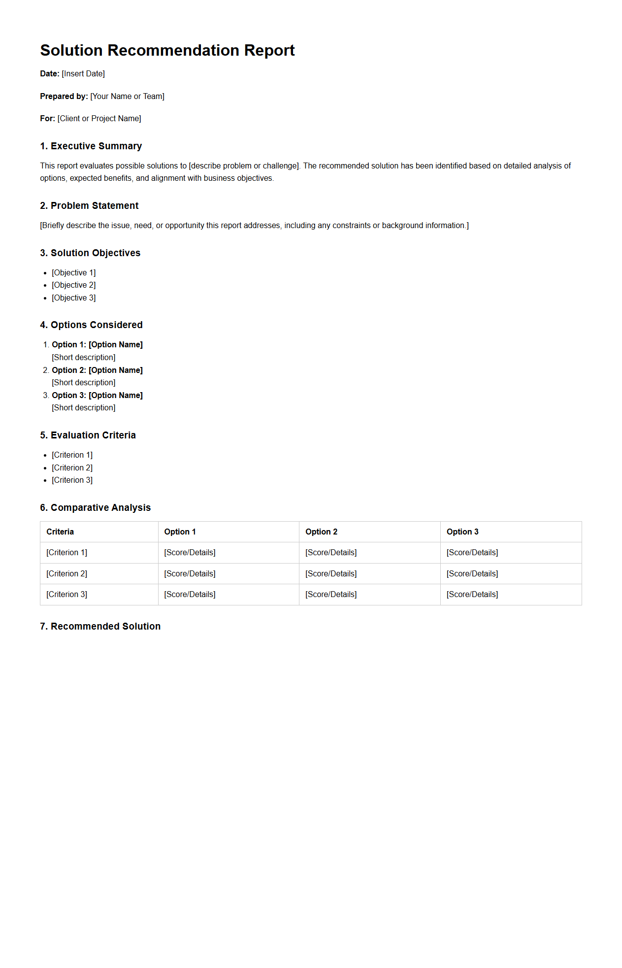 Solution Recommendation Report Example