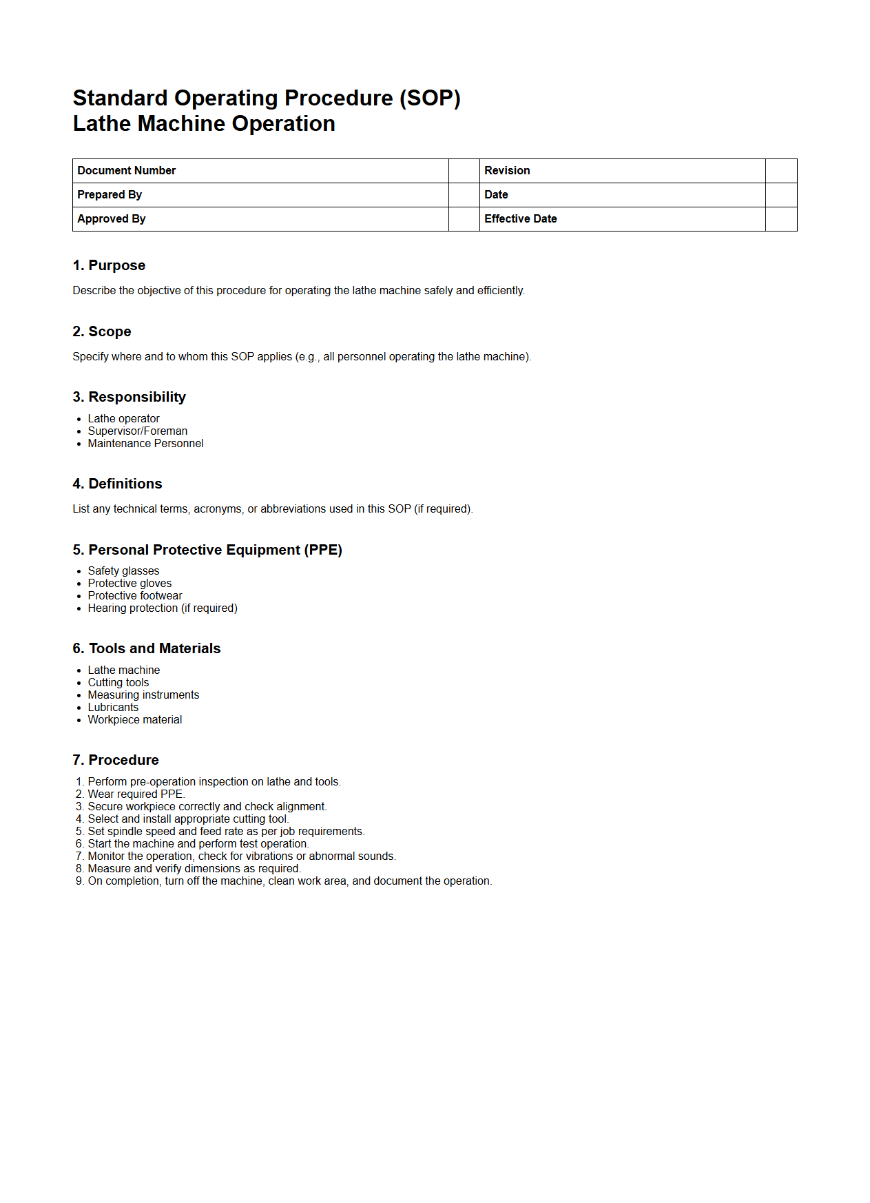 SOP Template for Lathe Machine Operation