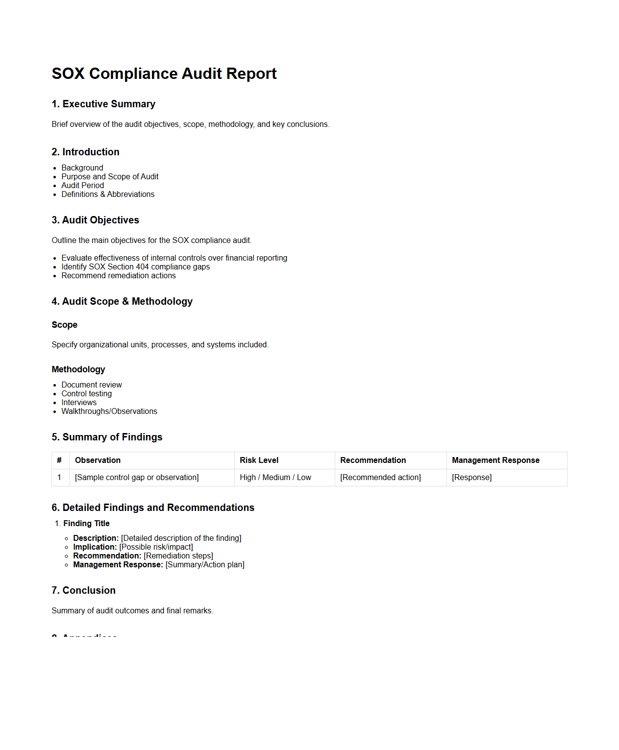 SOX Compliance Audit Report Structure for Consulting Professionals