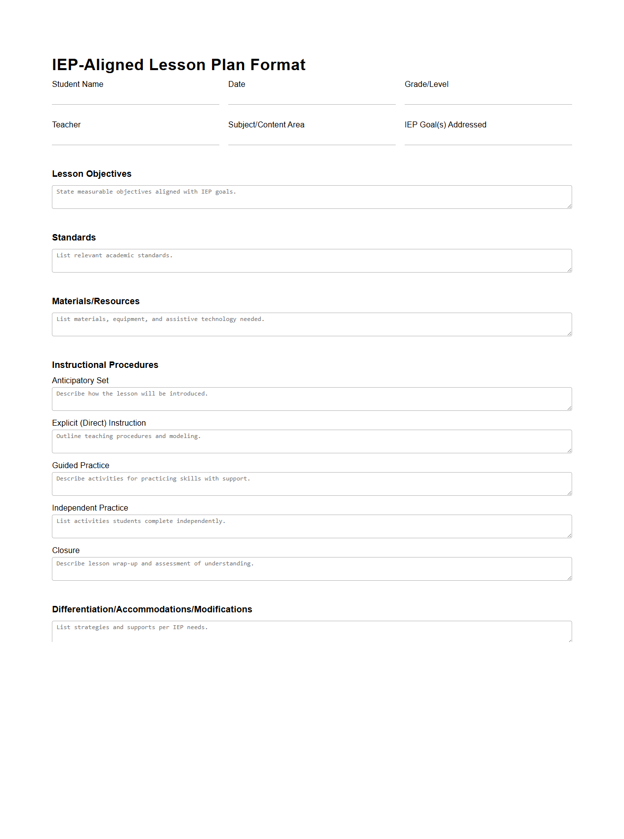 Special Education IEP-Aligned Lesson Plan Format