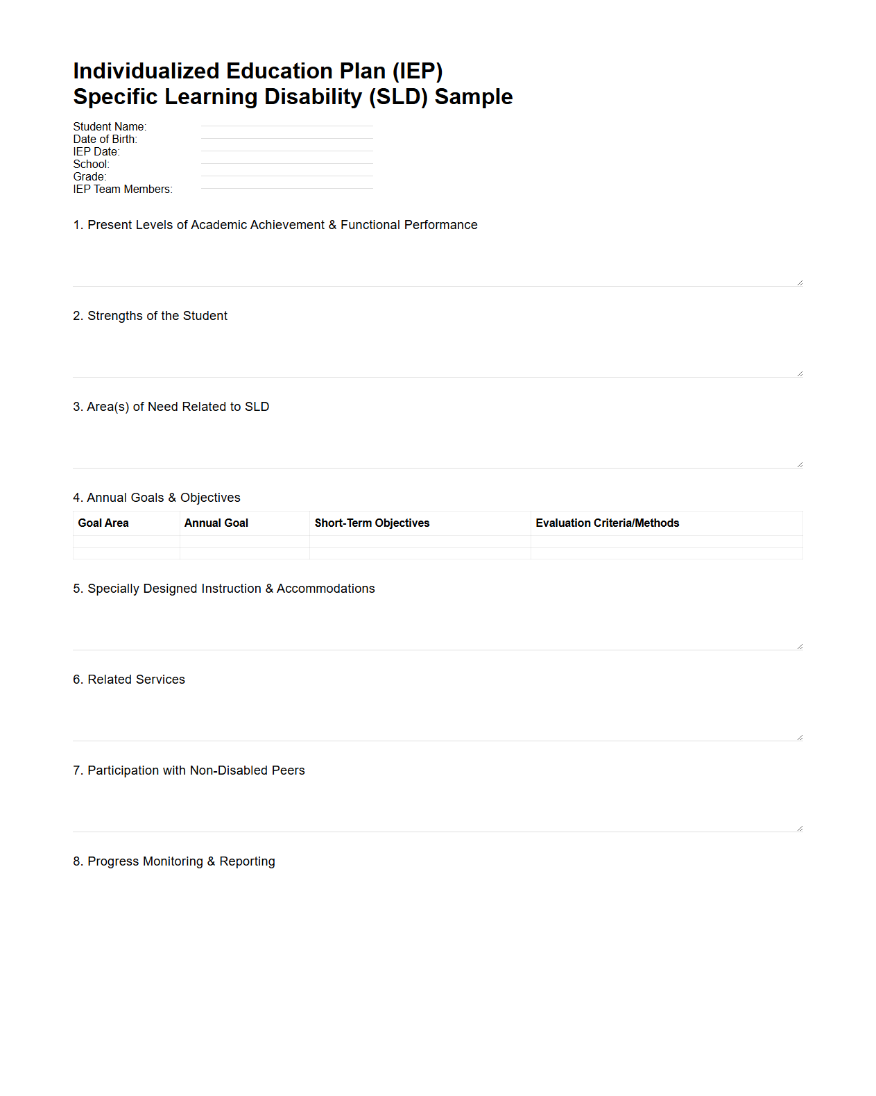 Specific Learning Disability Individual Education Plan Sample