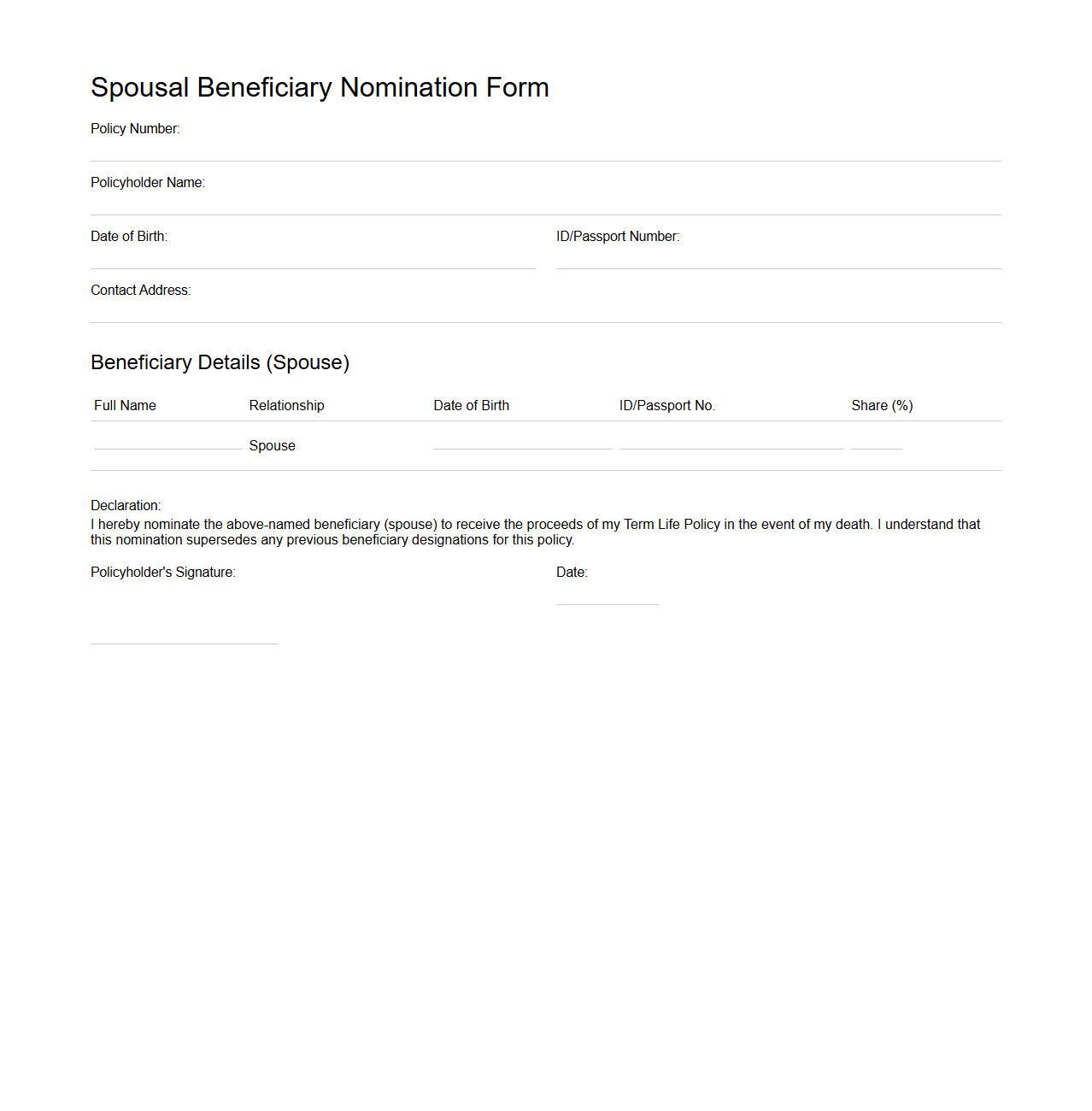 Spousal Beneficiary Nomination Sample for Term Life Policy