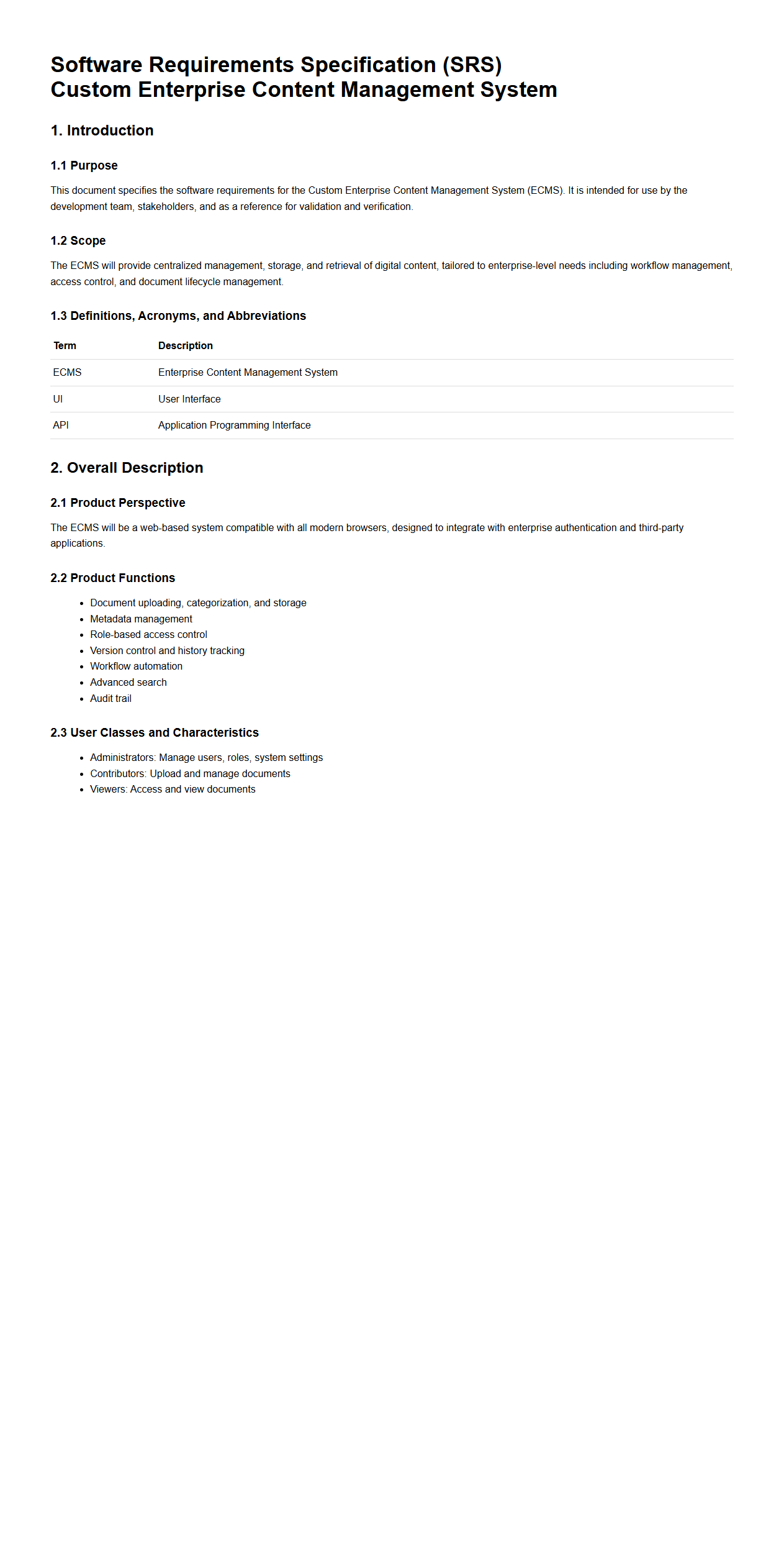 SRS Document for Custom Enterprise Content Management Systems