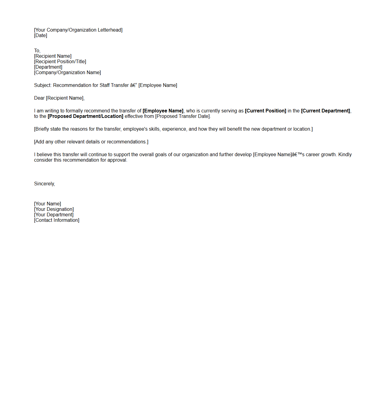 Staff Transfer Recommendation Letter Template