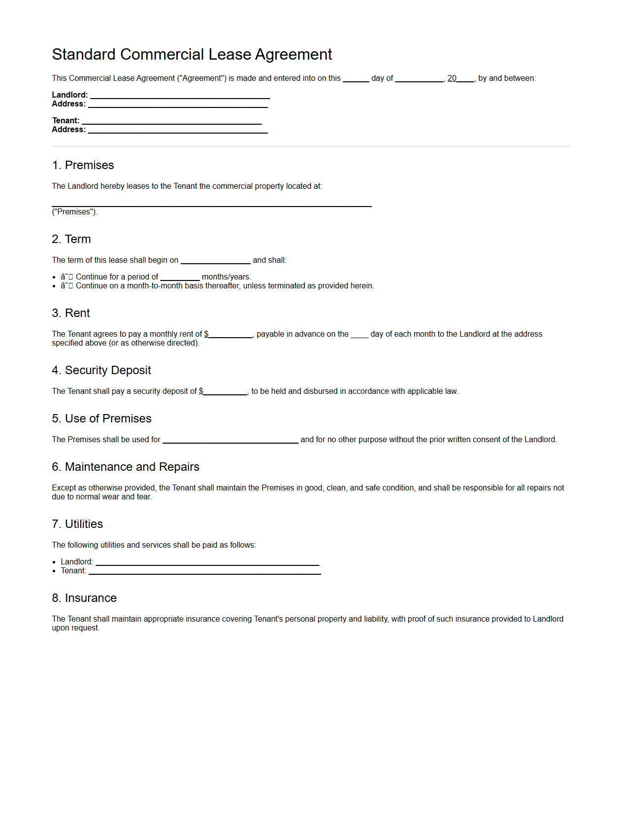 Standard Commercial Lease Agreement Template