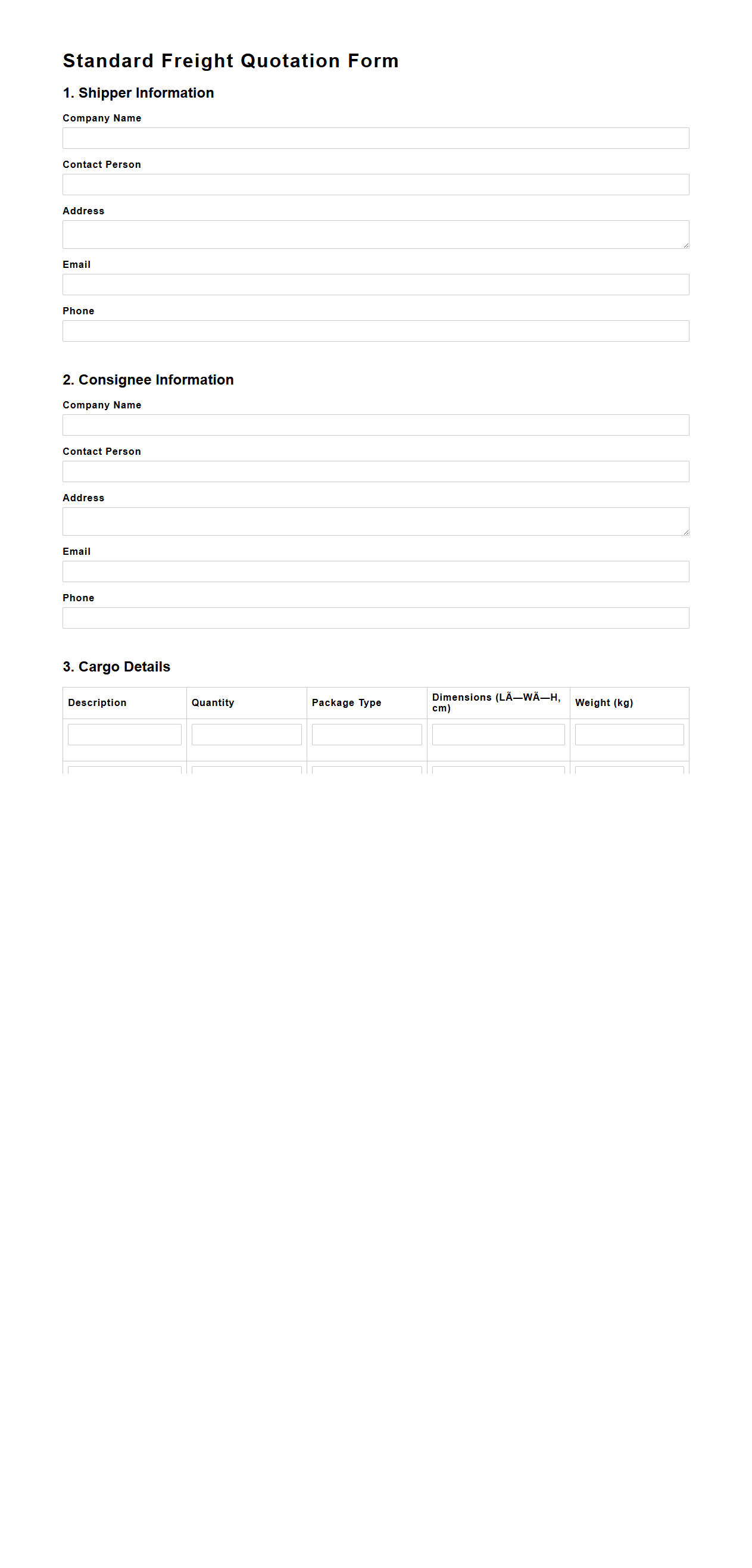 Standard Freight Quotation Form