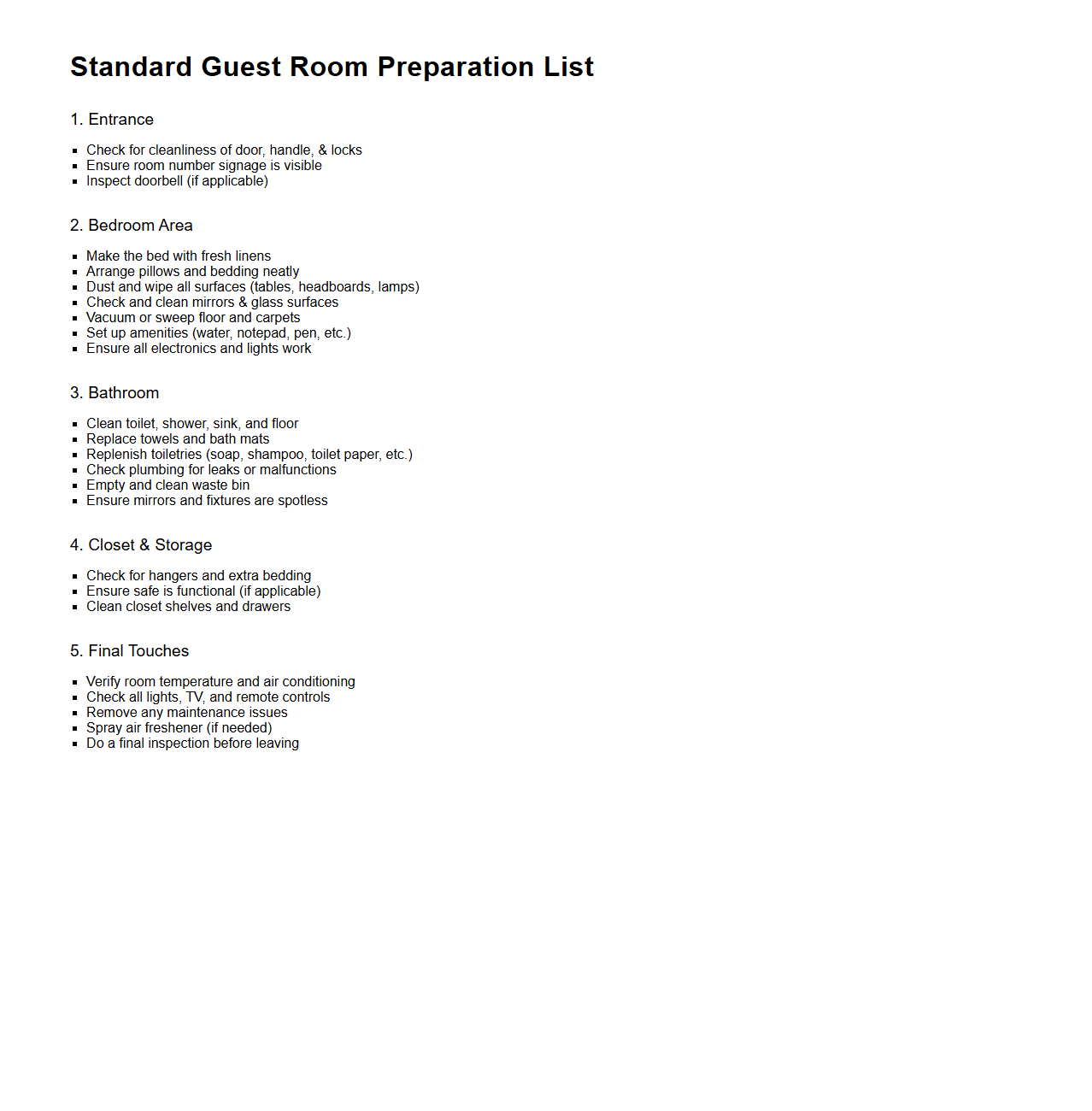 Standard Guest Room Preparation List