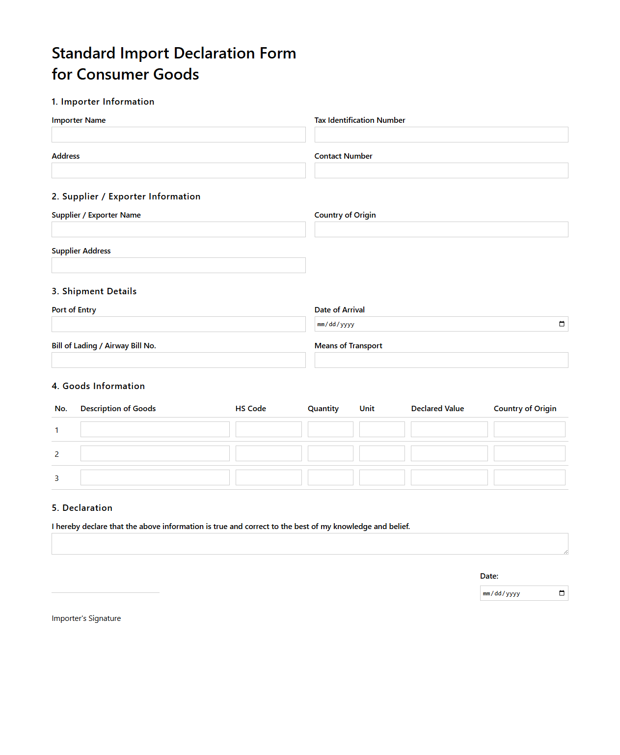 Standard Import Declaration Form for Consumer Goods