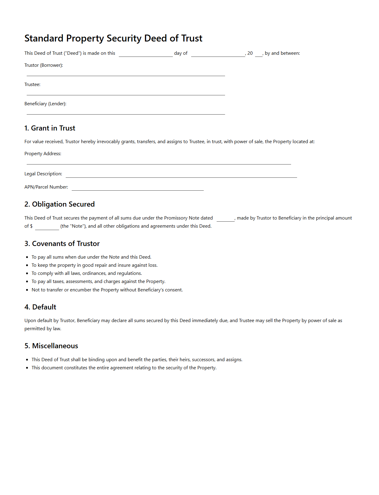 Standard Property Security Deed of Trust Form