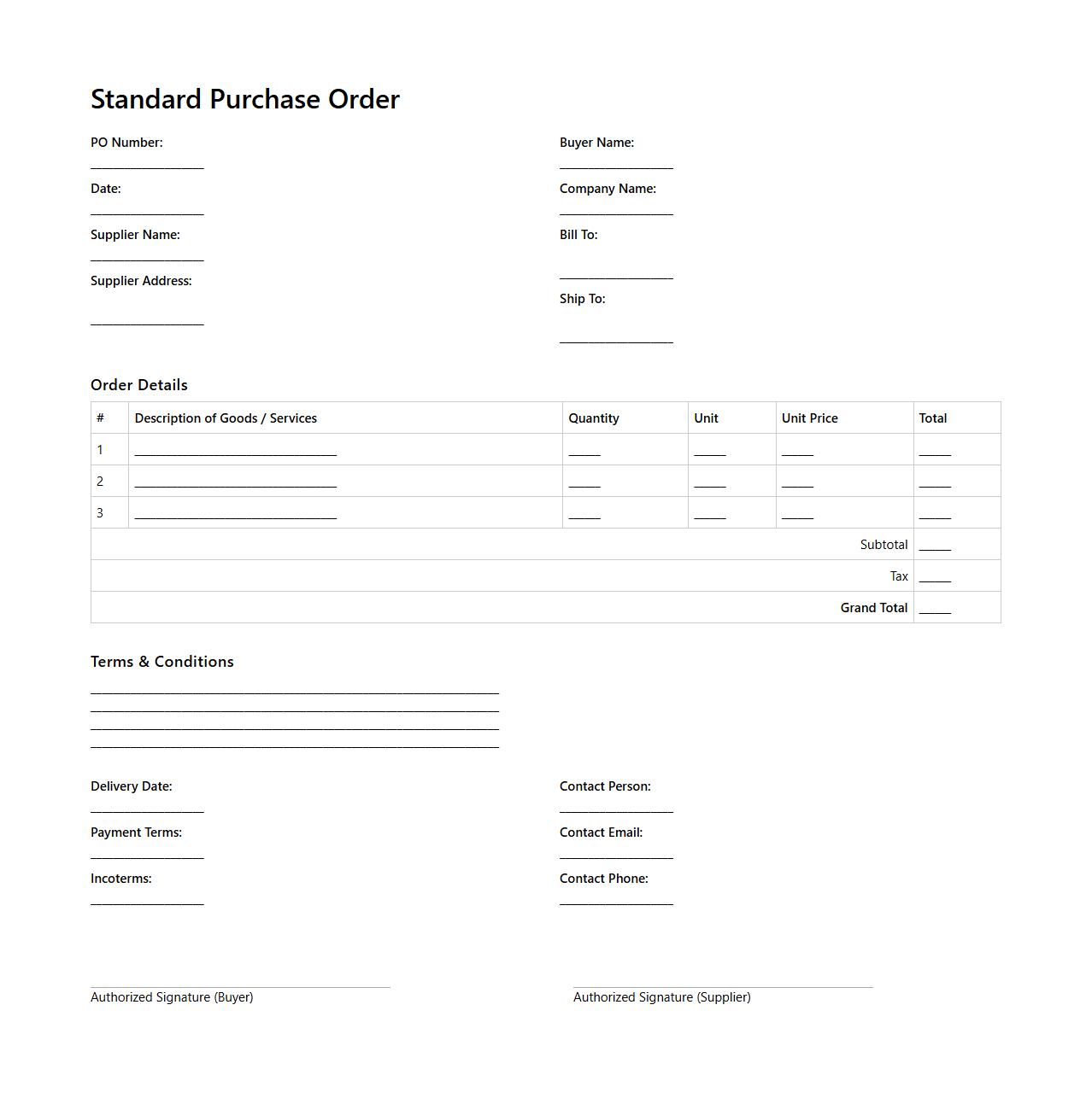 Standard Purchase Order Template for Supply Chain