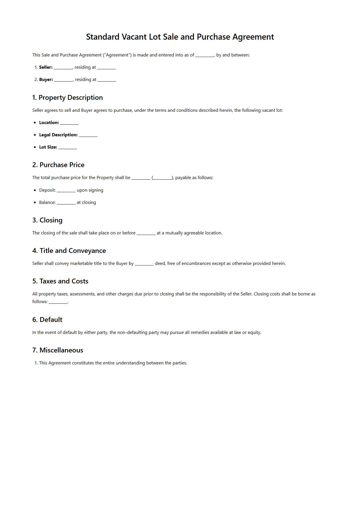 Standard Vacant Lot Sale and Purchase Agreement