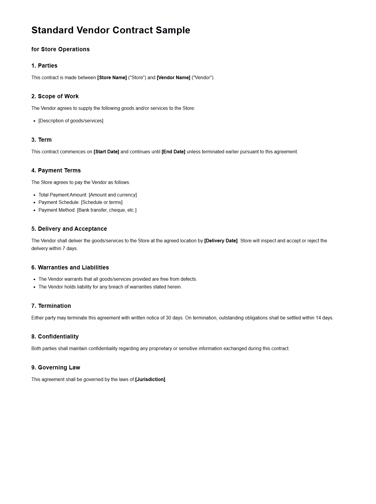 Standard Vendor Contract Sample for Store Operations