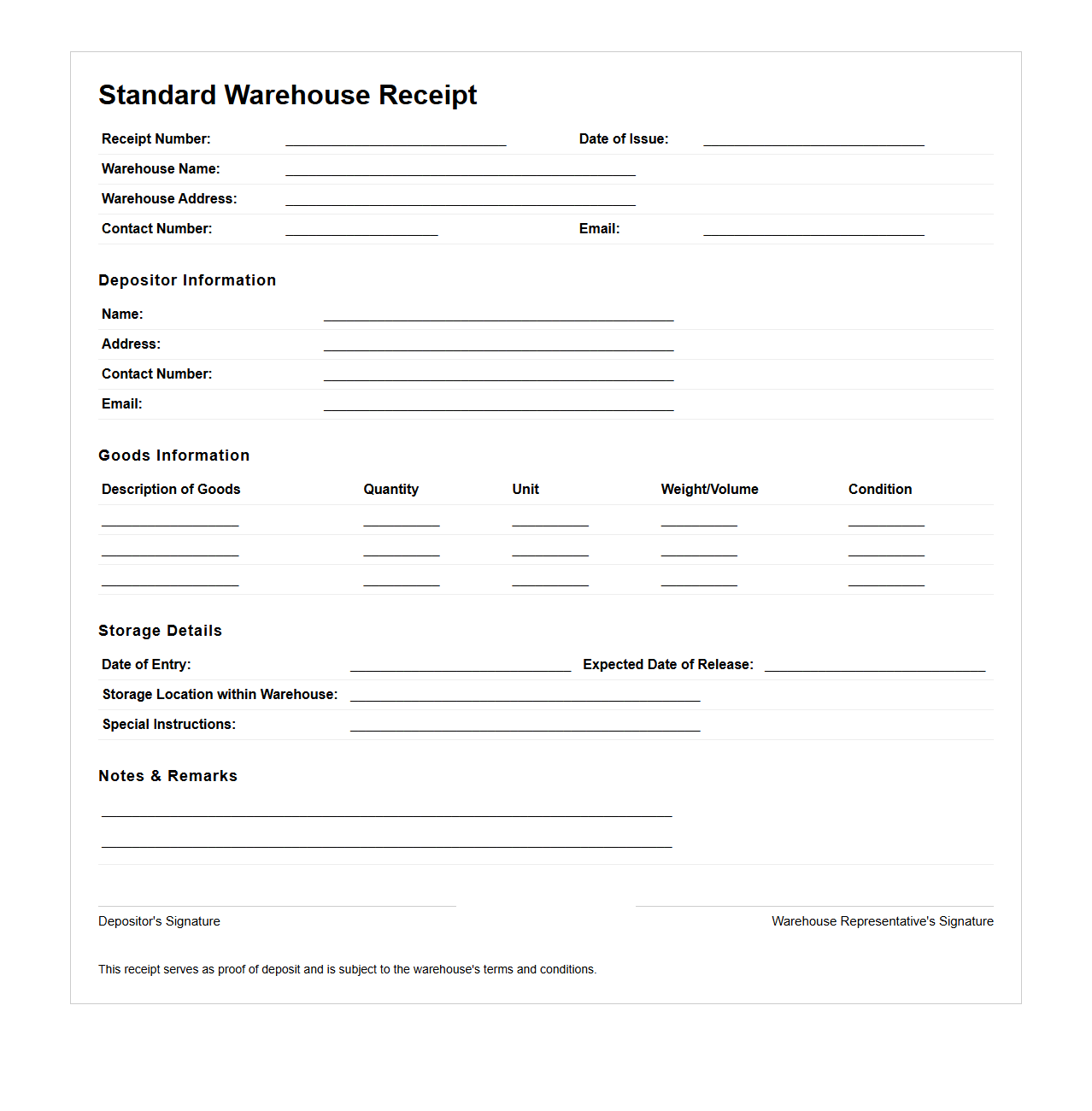 Standard Warehouse Receipt Template for Goods Storage