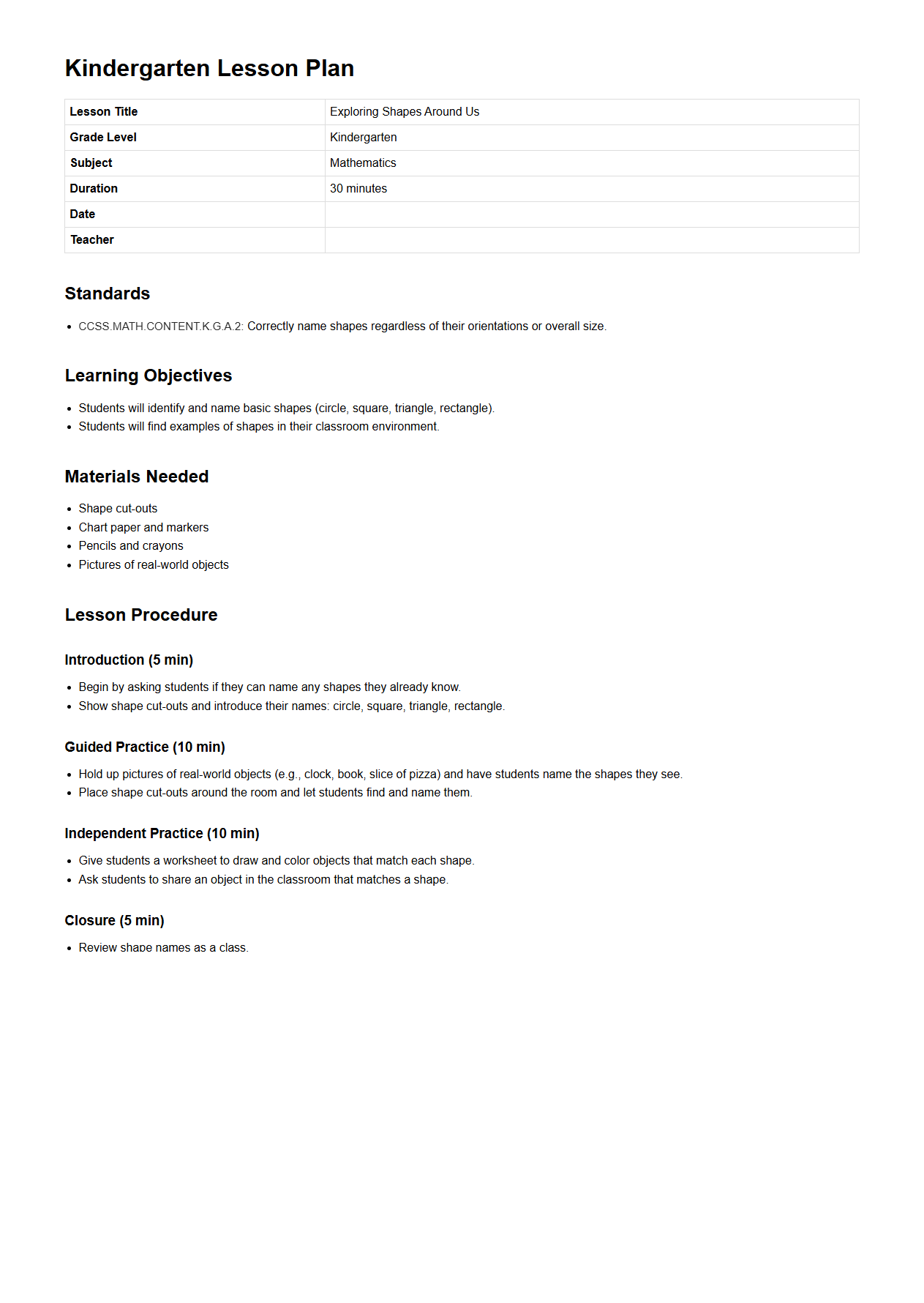 Standards-Aligned Kindergarten Lesson Plan Example
