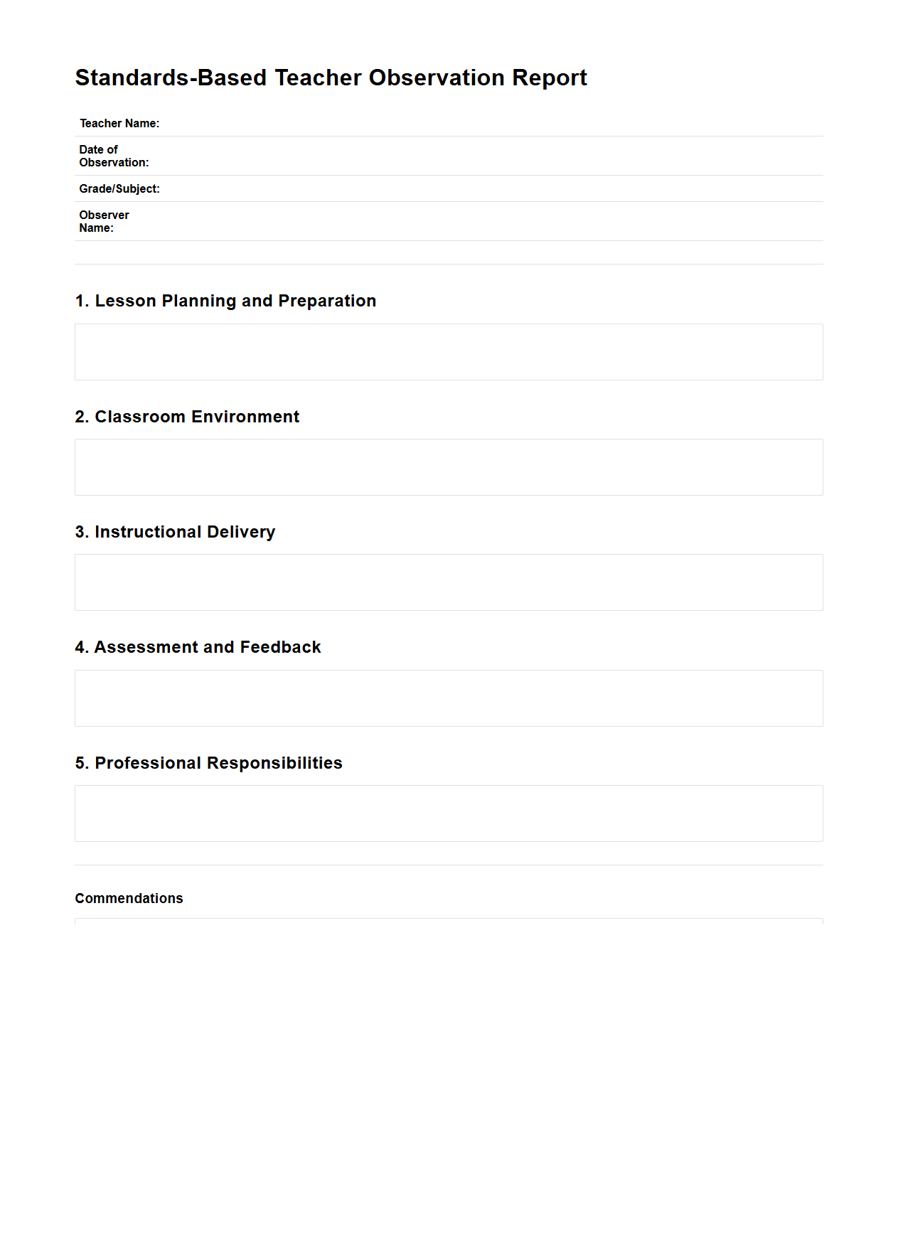 Standards-Based Teacher Observation Report Sample