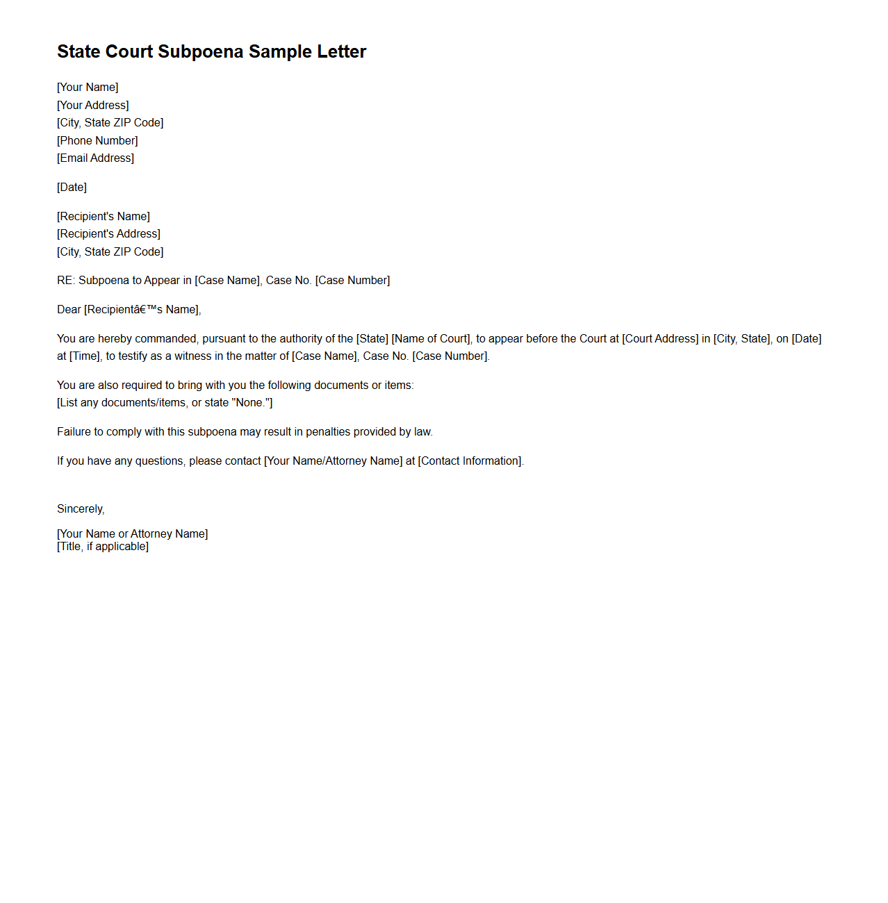 State Court Subpoena Sample Letter