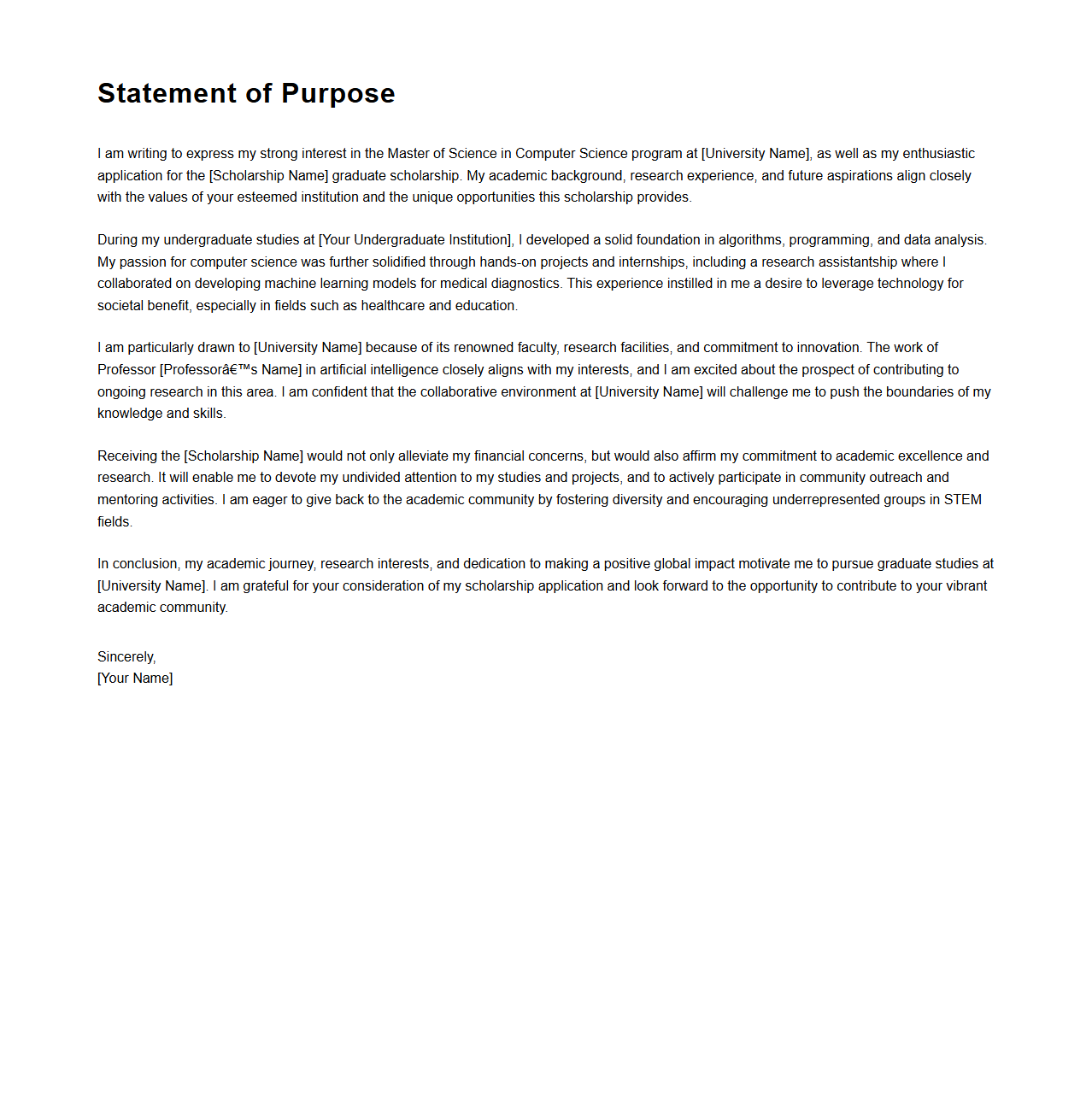 Statement of Purpose Example for Graduate Scholarships