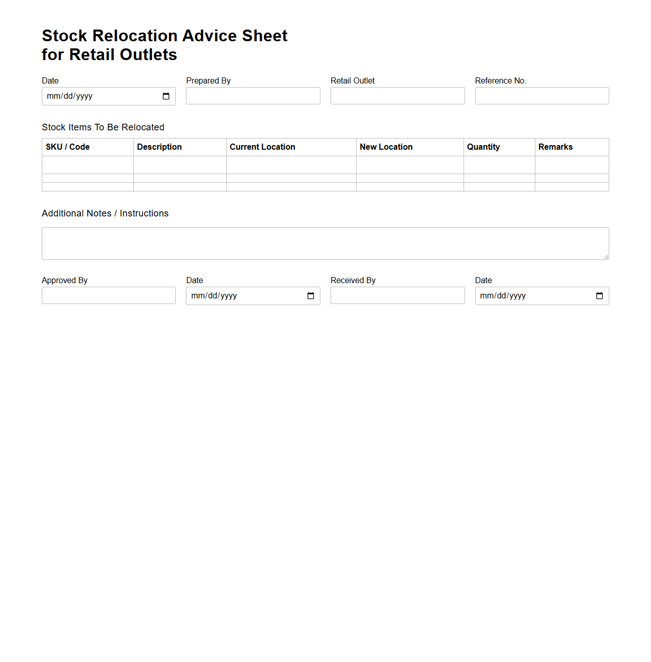 Stock Relocation Advice Sheet for Retail Outlets