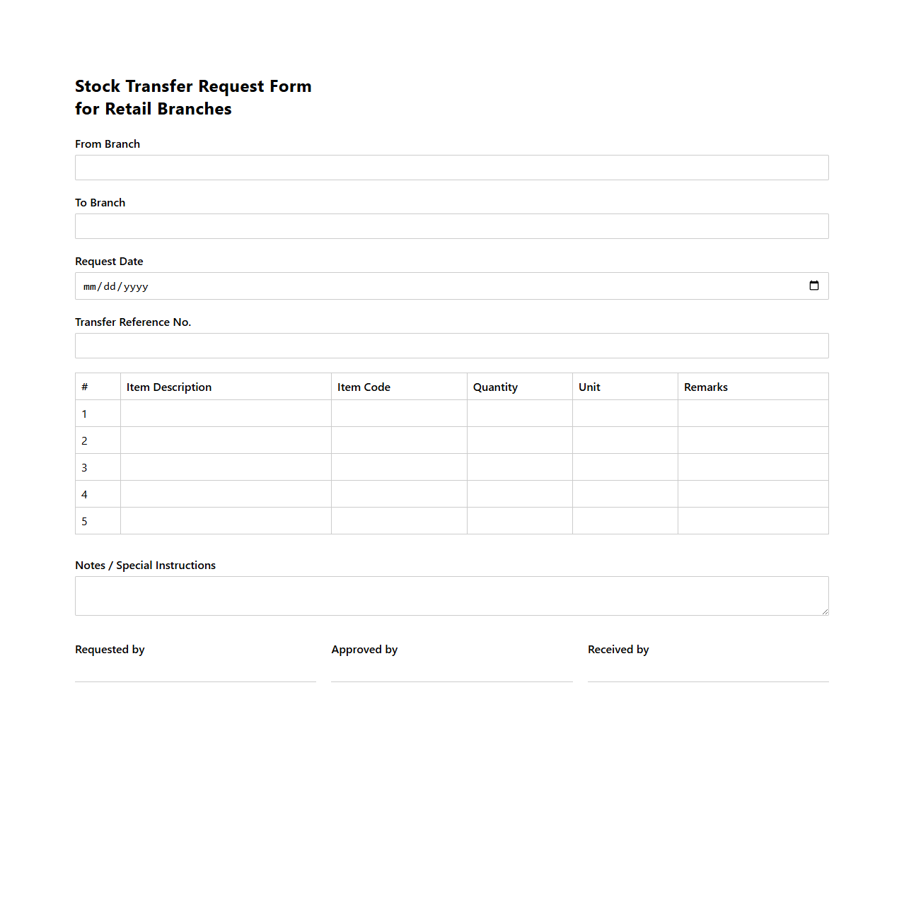 Stock Transfer Request Form for Retail Branches
