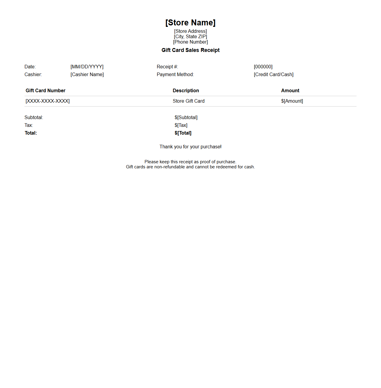 Store Gift Card Sales Receipt Sample