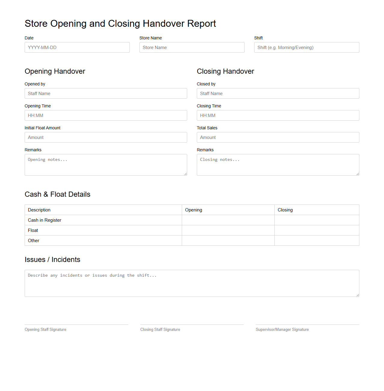 Store Opening and Closing Handover Report