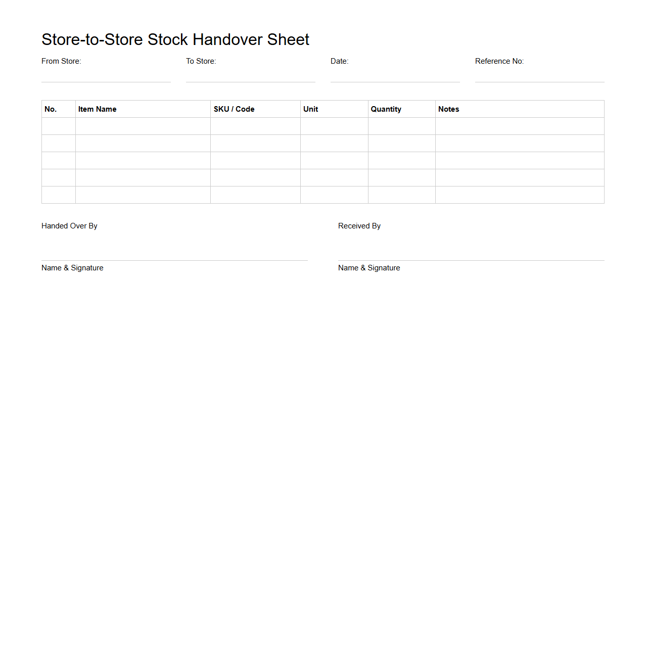 Store-to-Store Stock Handover Sheet