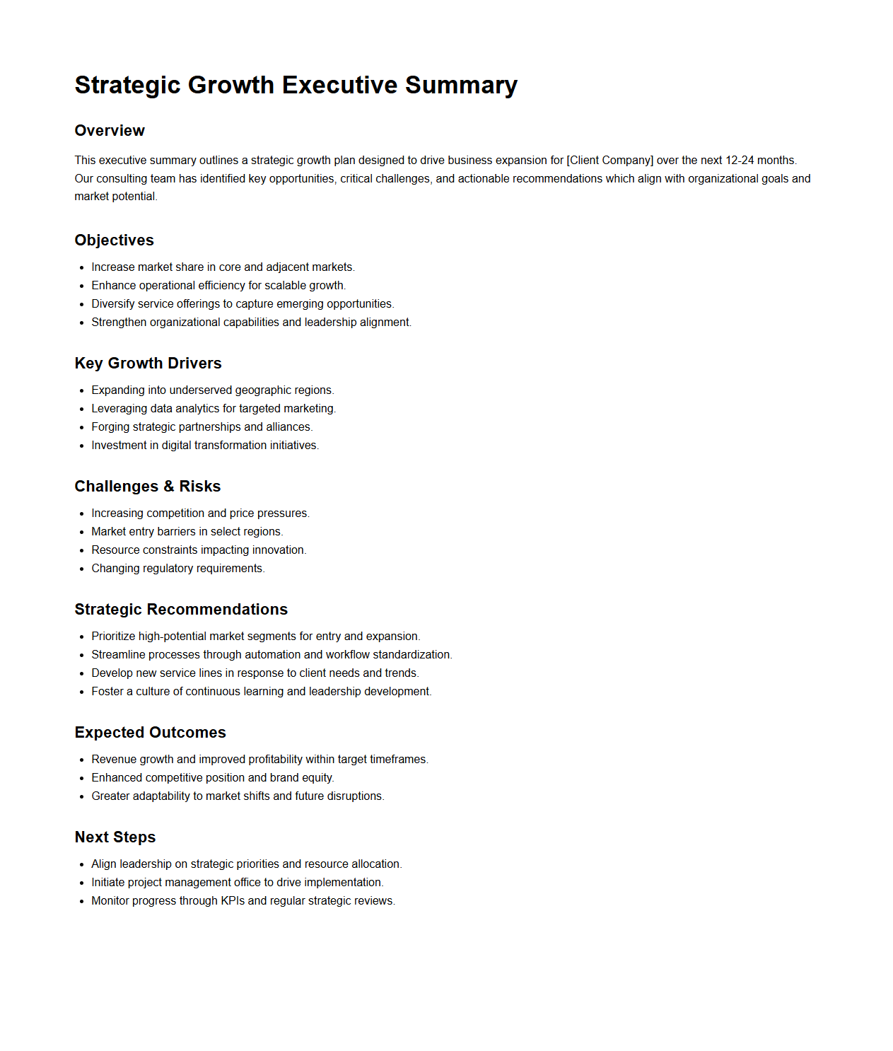 Strategic Growth Executive Summary Sample for Consulting
