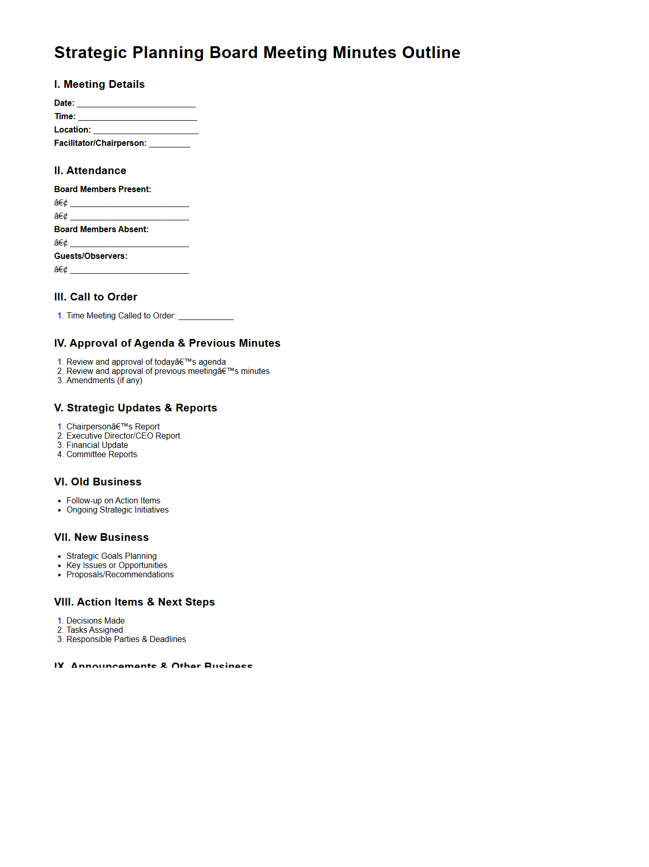 Strategic Planning Board Meeting Minutes Outline