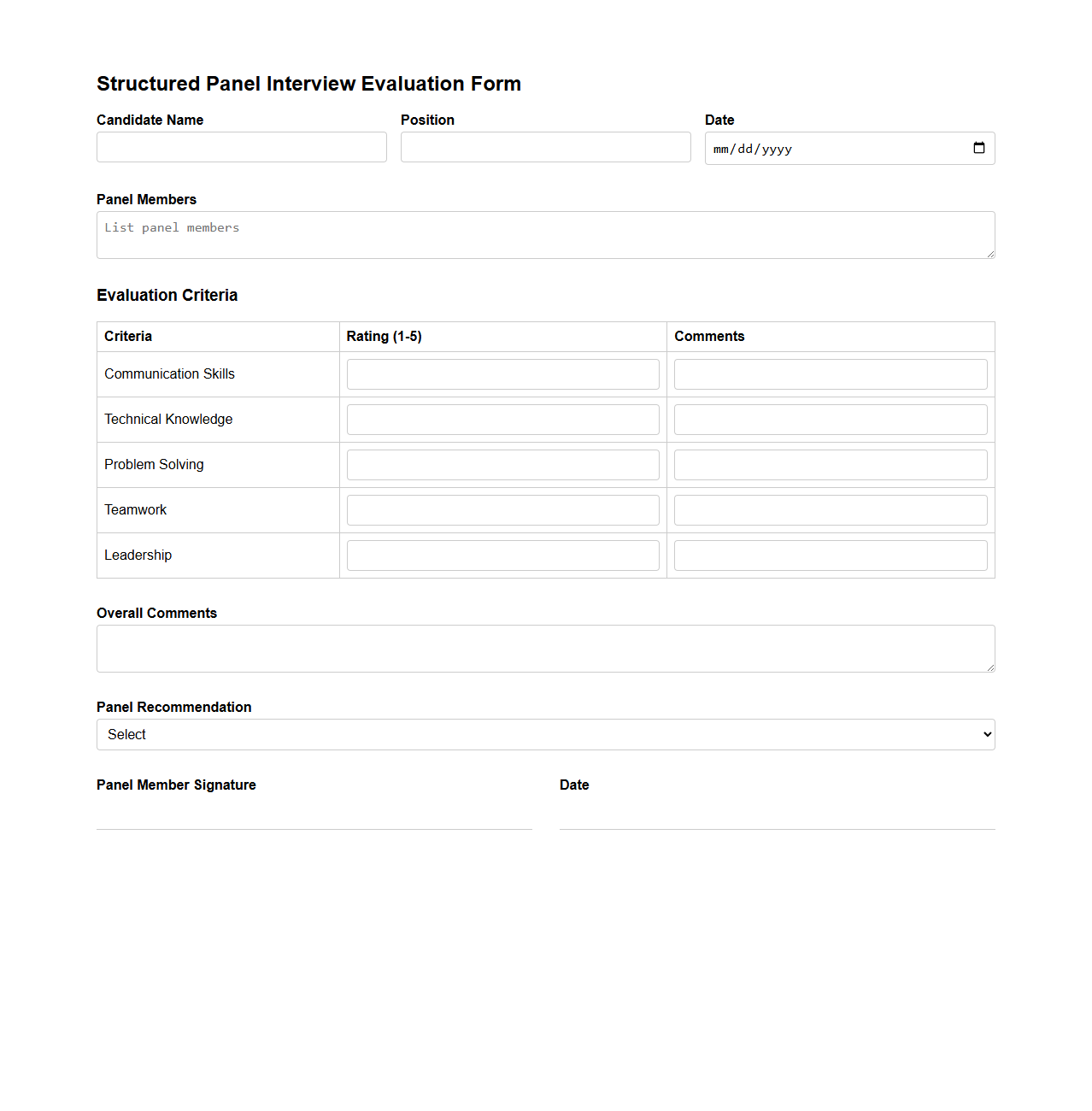 Structured Panel Interview Evaluation Form