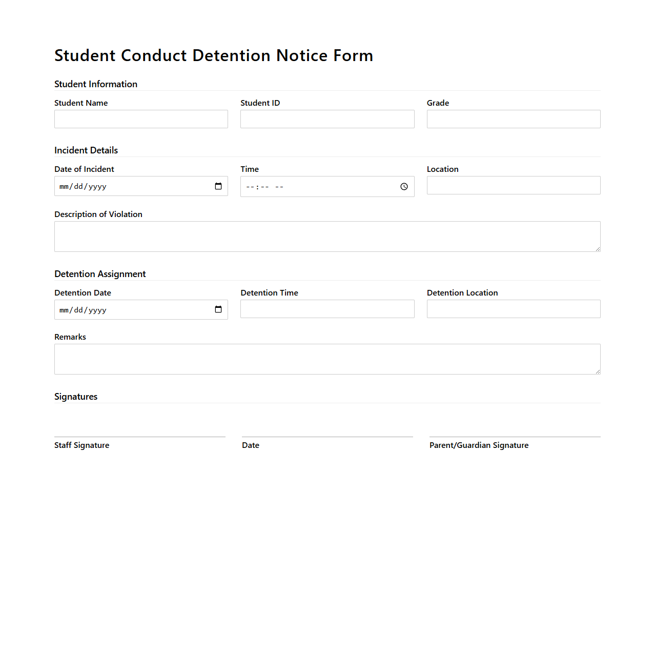 Student Conduct Detention Notice Form