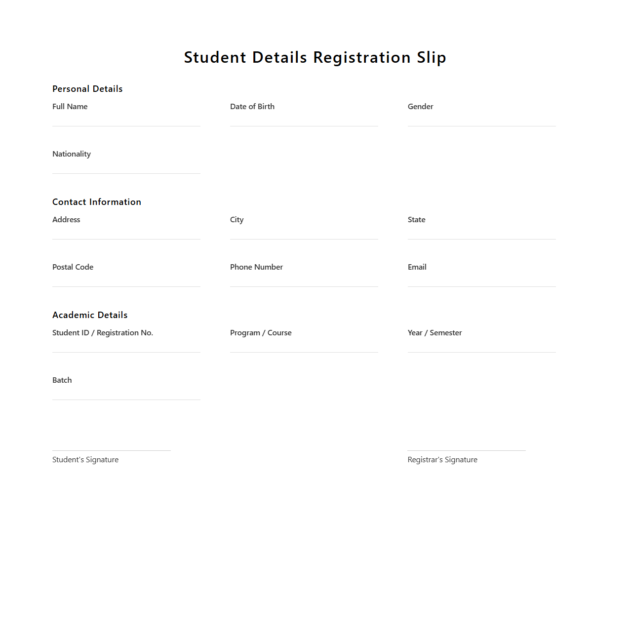 Student Details Registration Slip