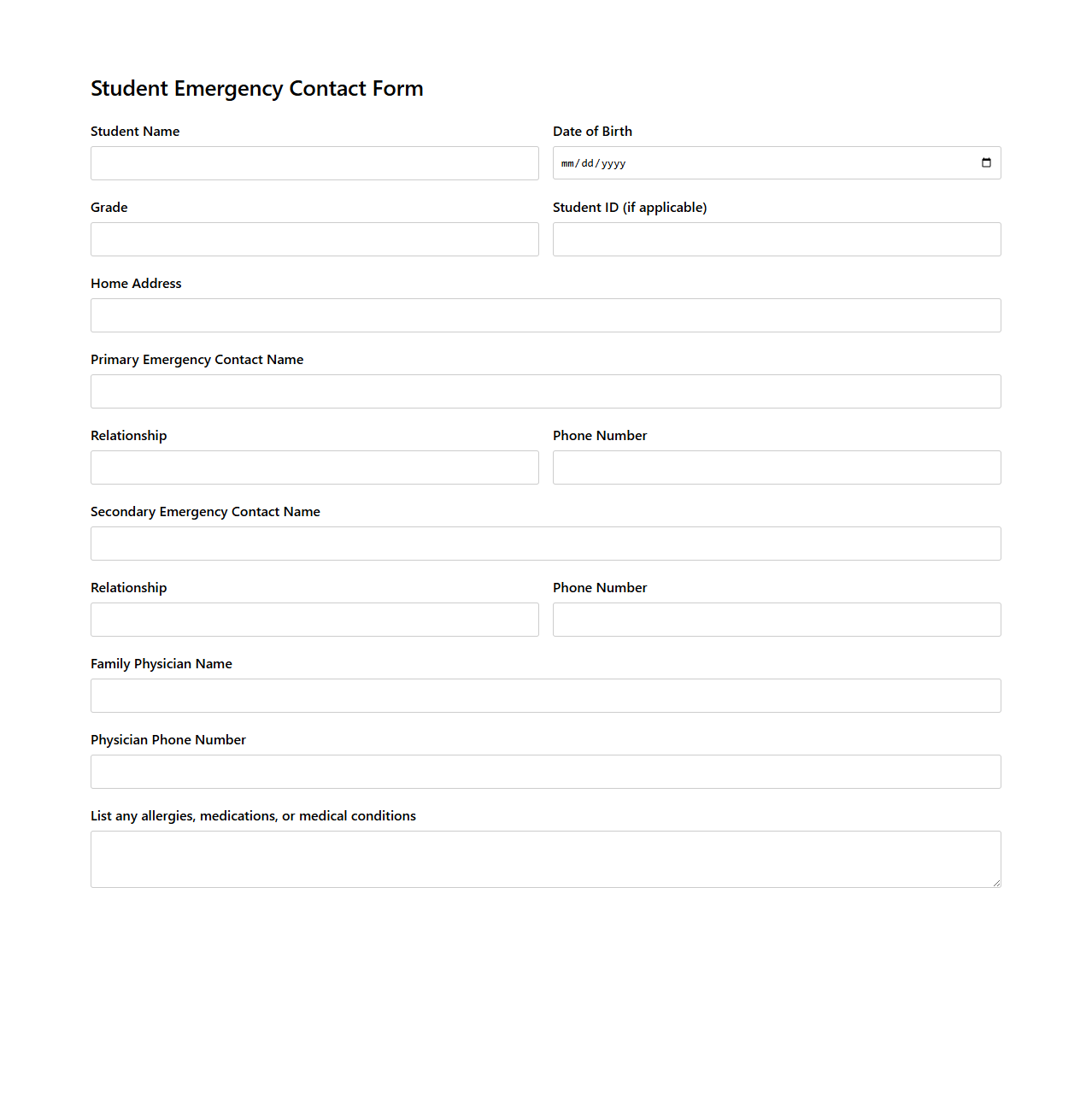 Student Emergency Contact Form Example