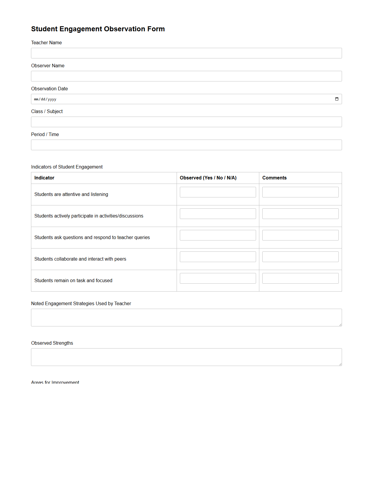 Student Engagement Observation Form for Teacher Evaluation