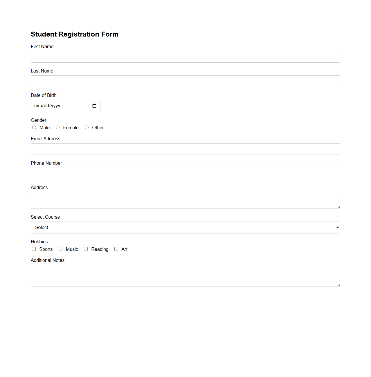 Student Registration Form Template