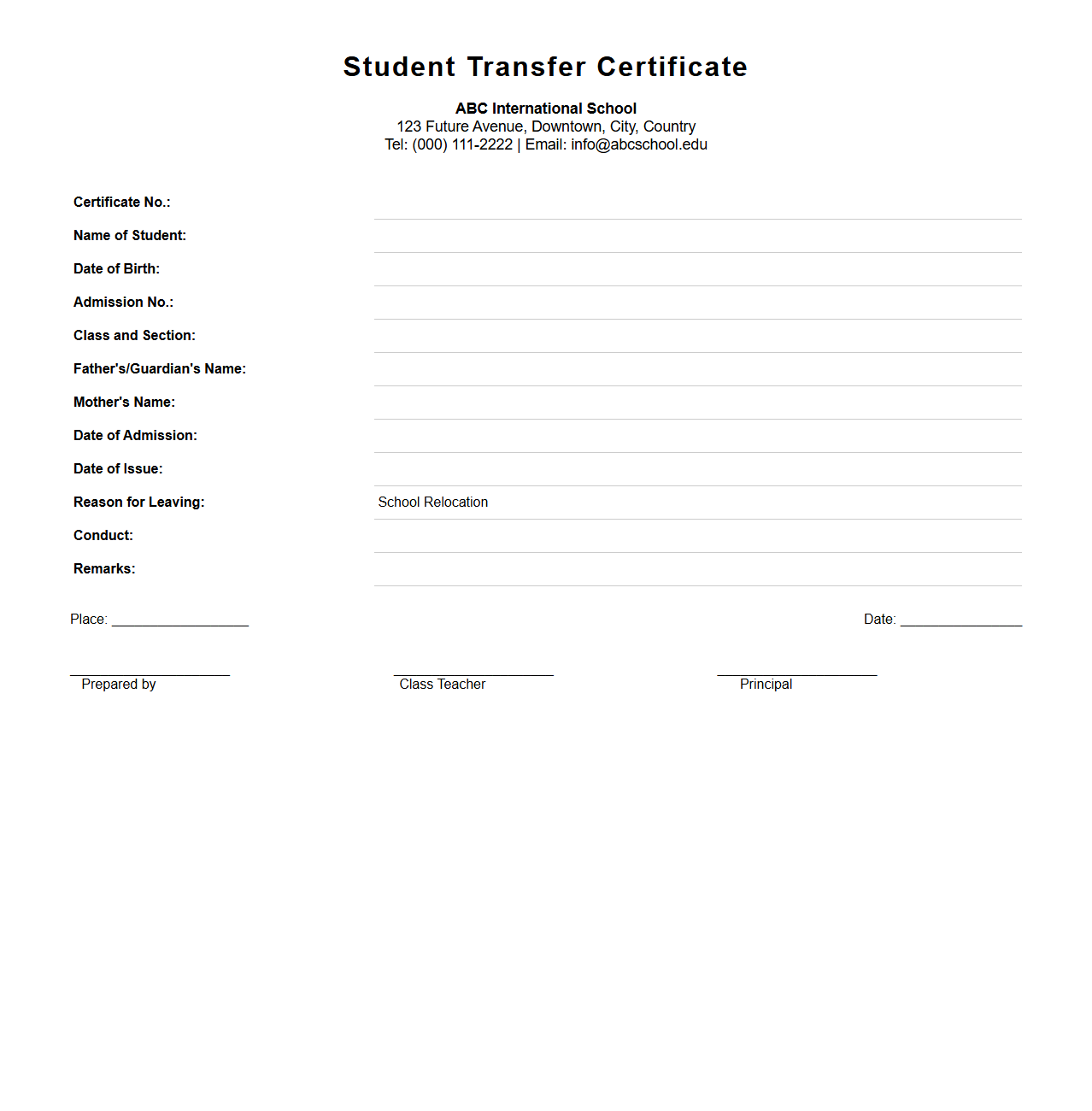 Student Transfer Certificate Template for School Relocation