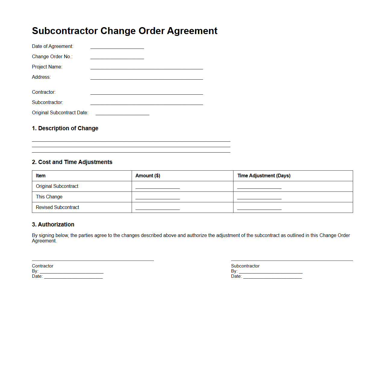 Subcontractor Change Order Agreement