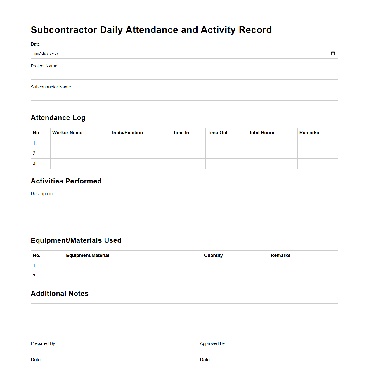 Subcontractor Daily Attendance and Activity Record