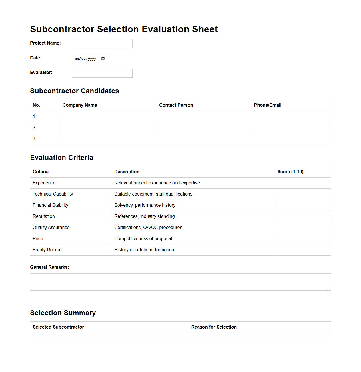 Subcontractor Selection Evaluation Sheet