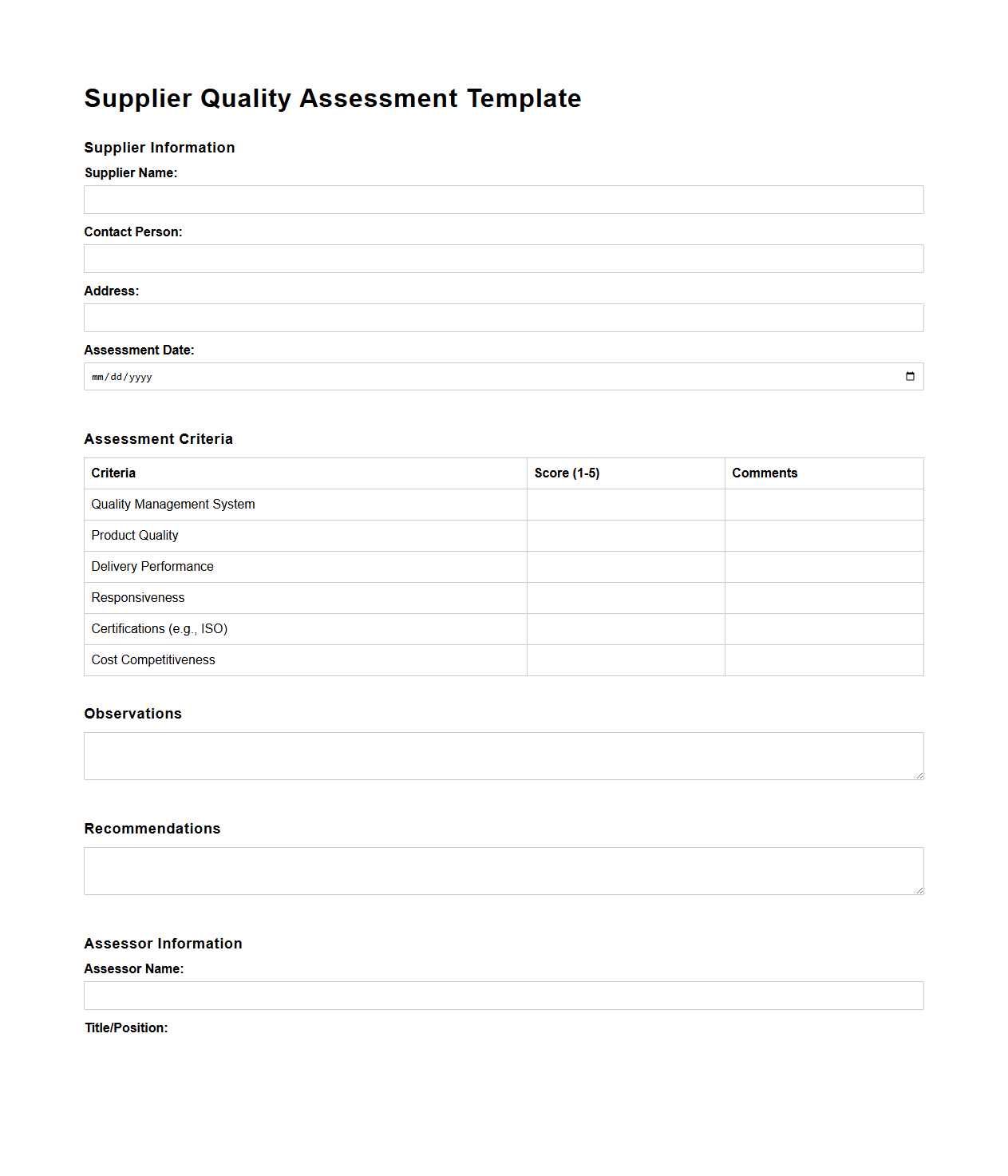 Supplier Quality Assessment Template for Manufacturing