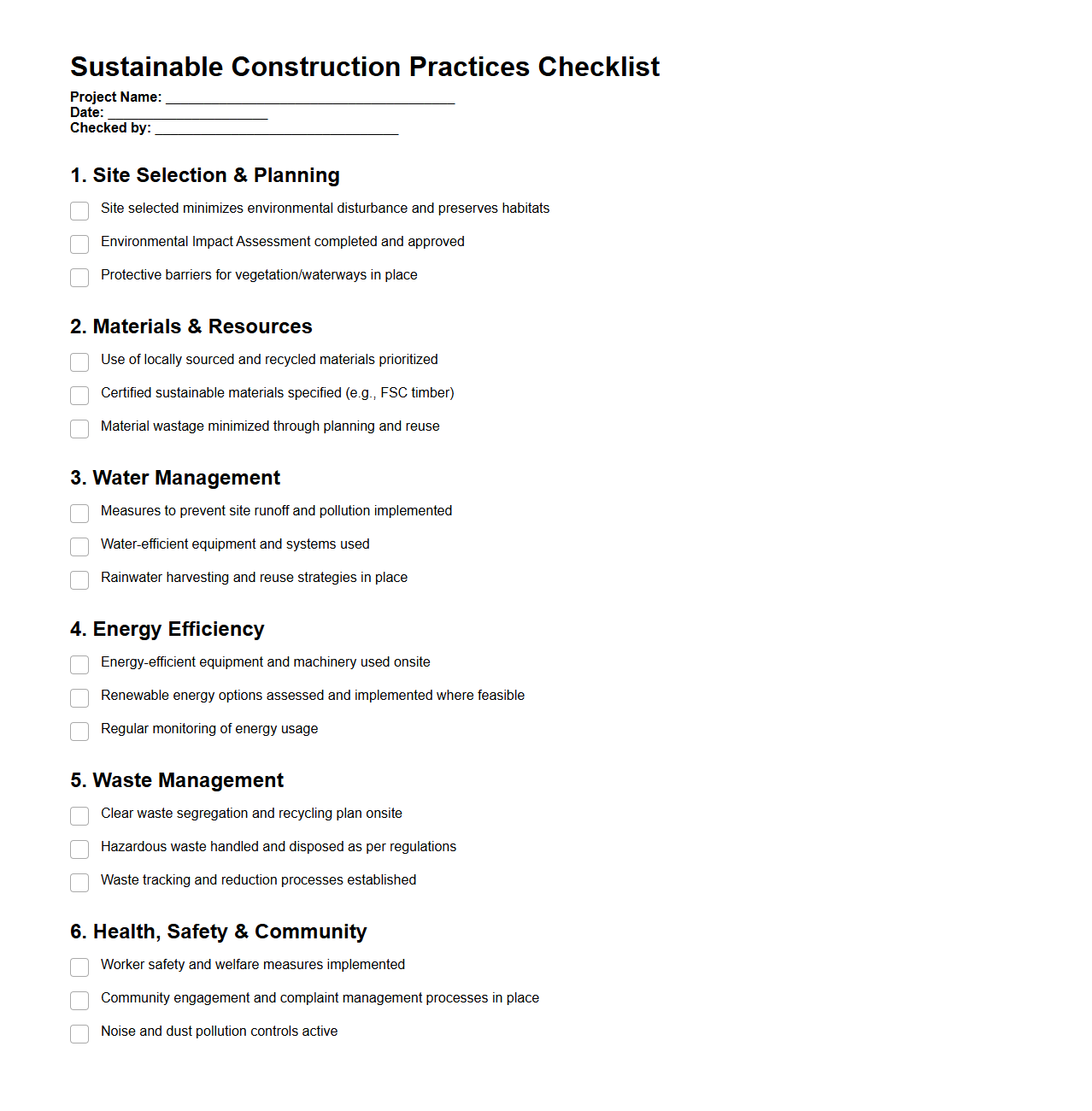 Sustainable Construction Practices Checklist for Infrastructure Projects