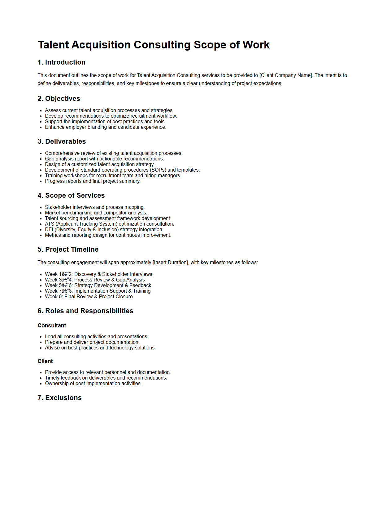 Talent Acquisition Consulting Scope of Work Document Sample