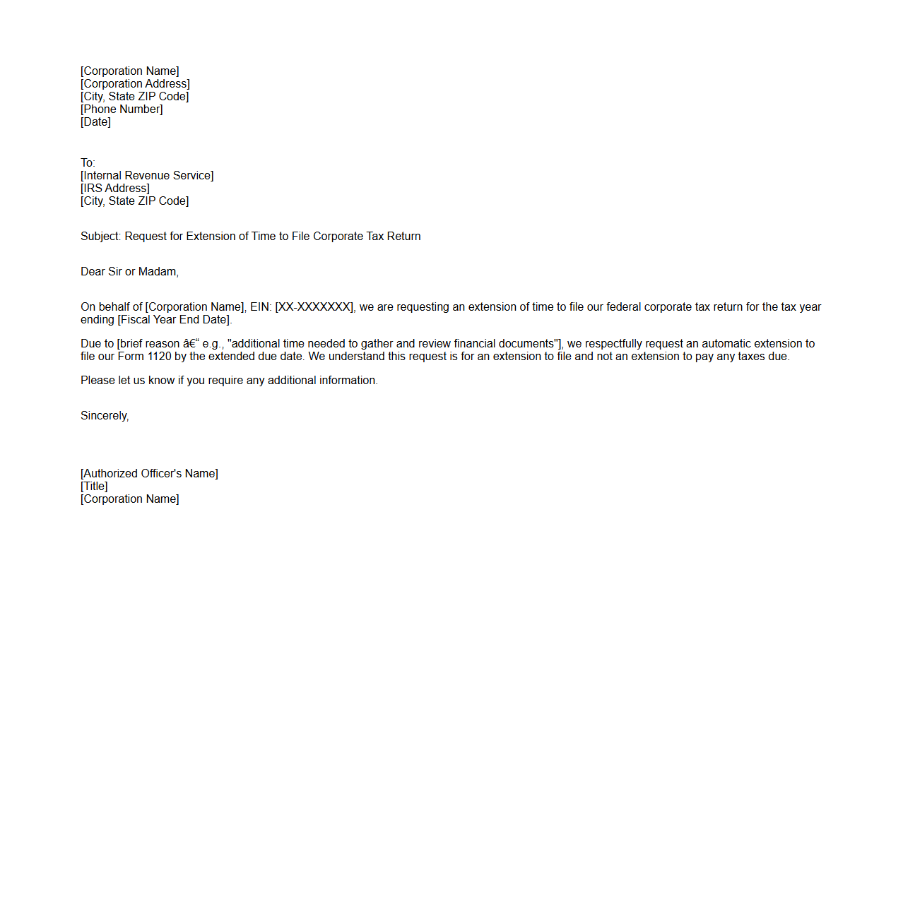 Tax Extension Request Letter for Corporations