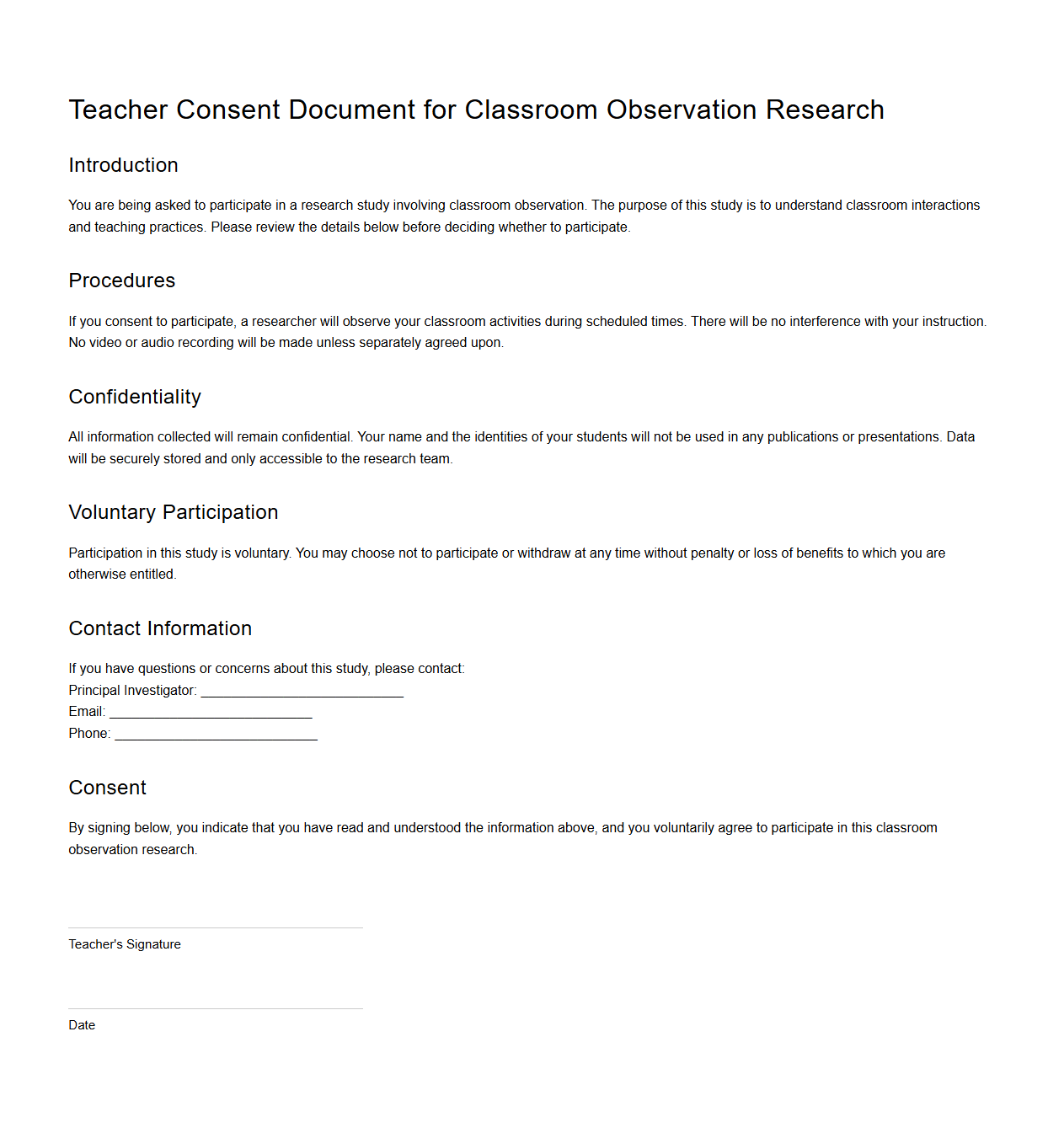 Teacher Consent Document for Classroom Observation Research