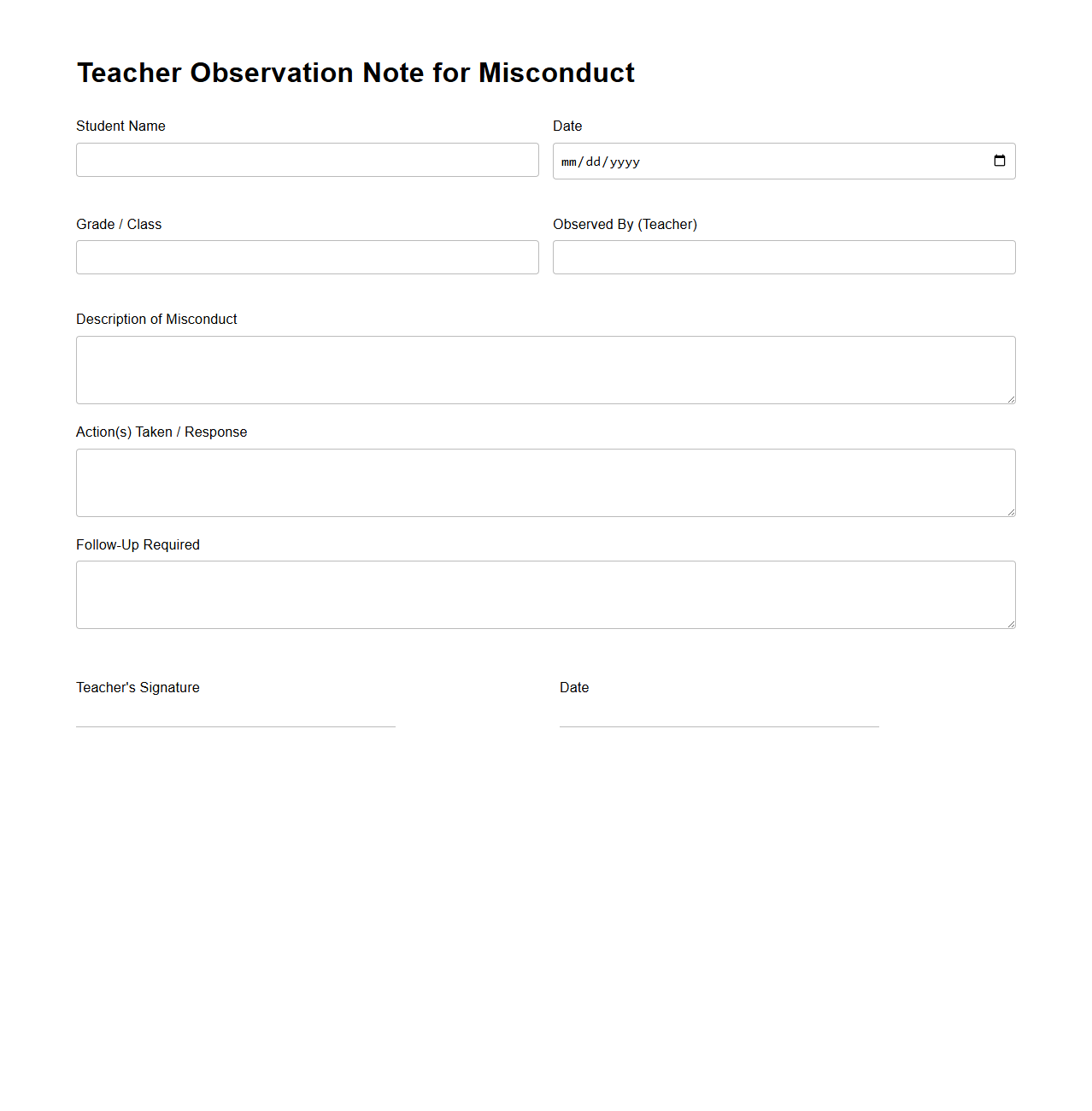 Teacher Observation Note for Misconduct
