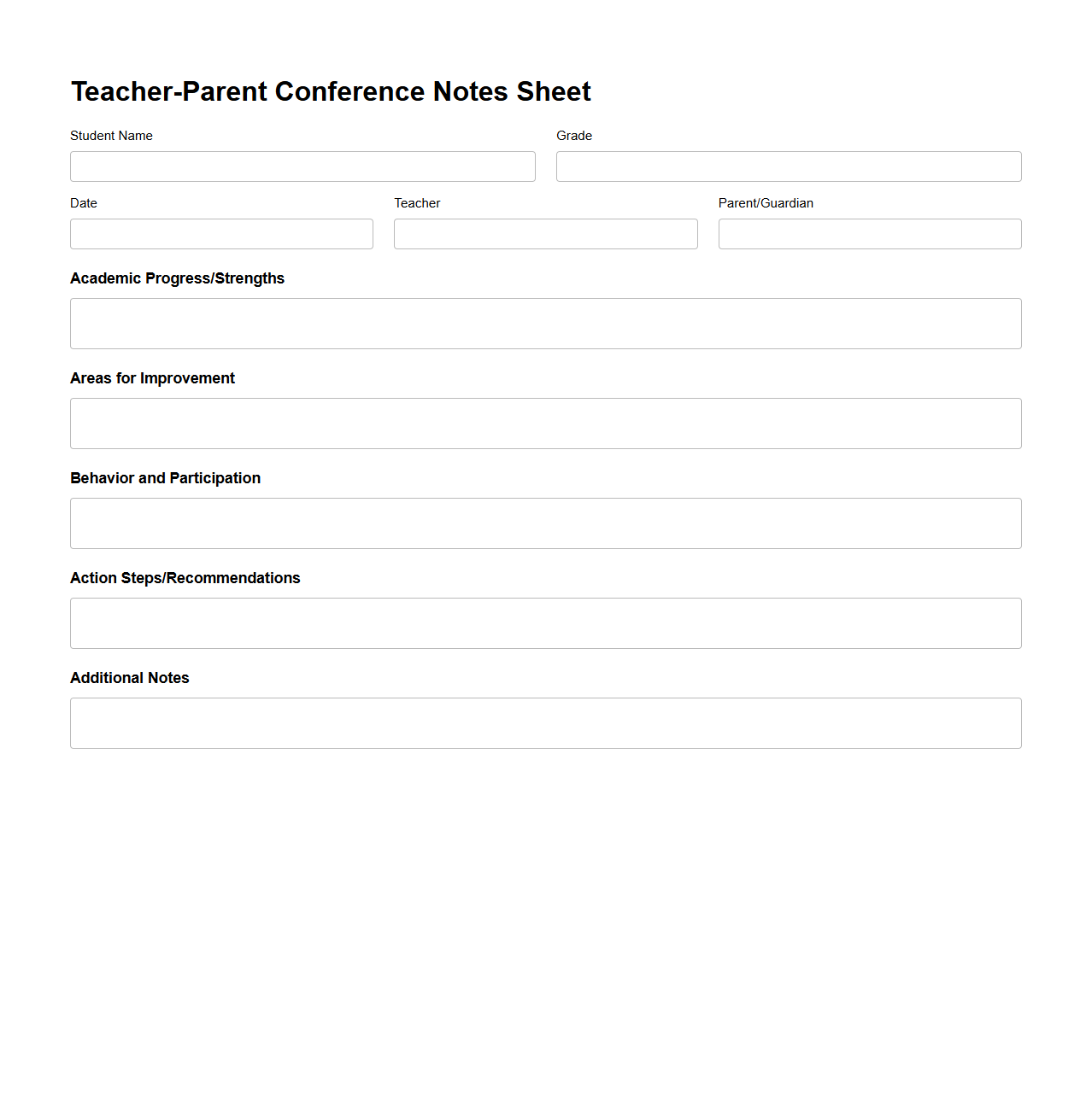 Teacher-Parent Conference Notes Sheet