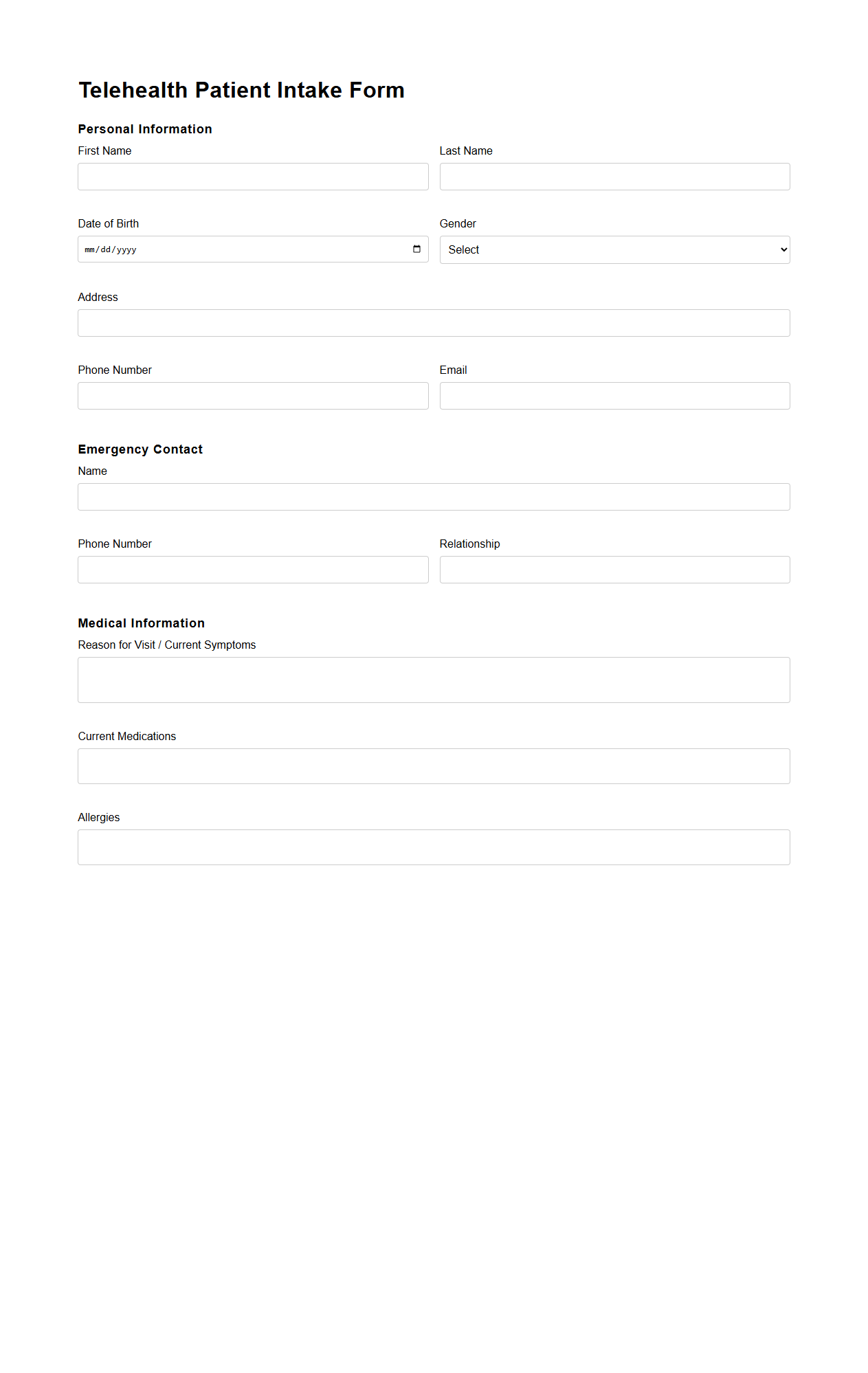 Telehealth Patient Intake Form Sample