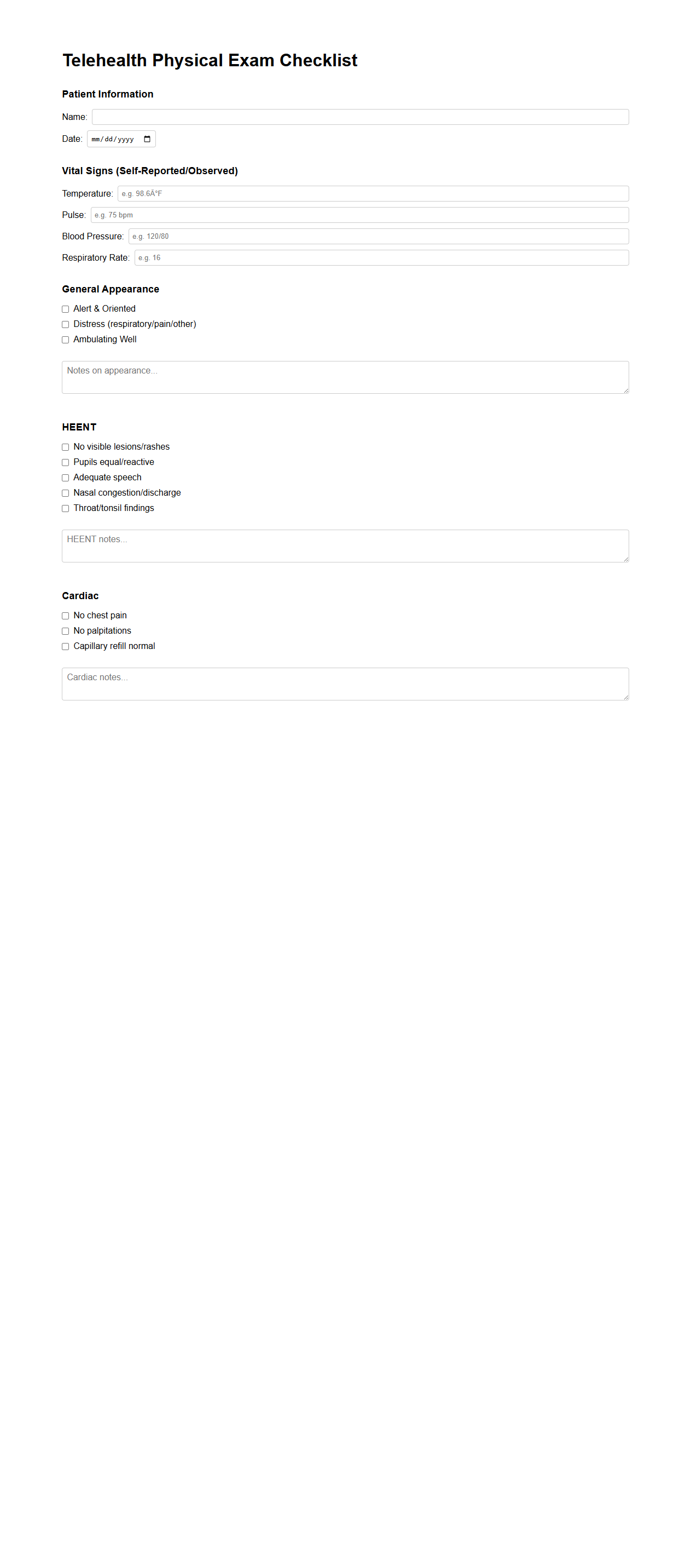 Telehealth Physical Exam Checklist Template