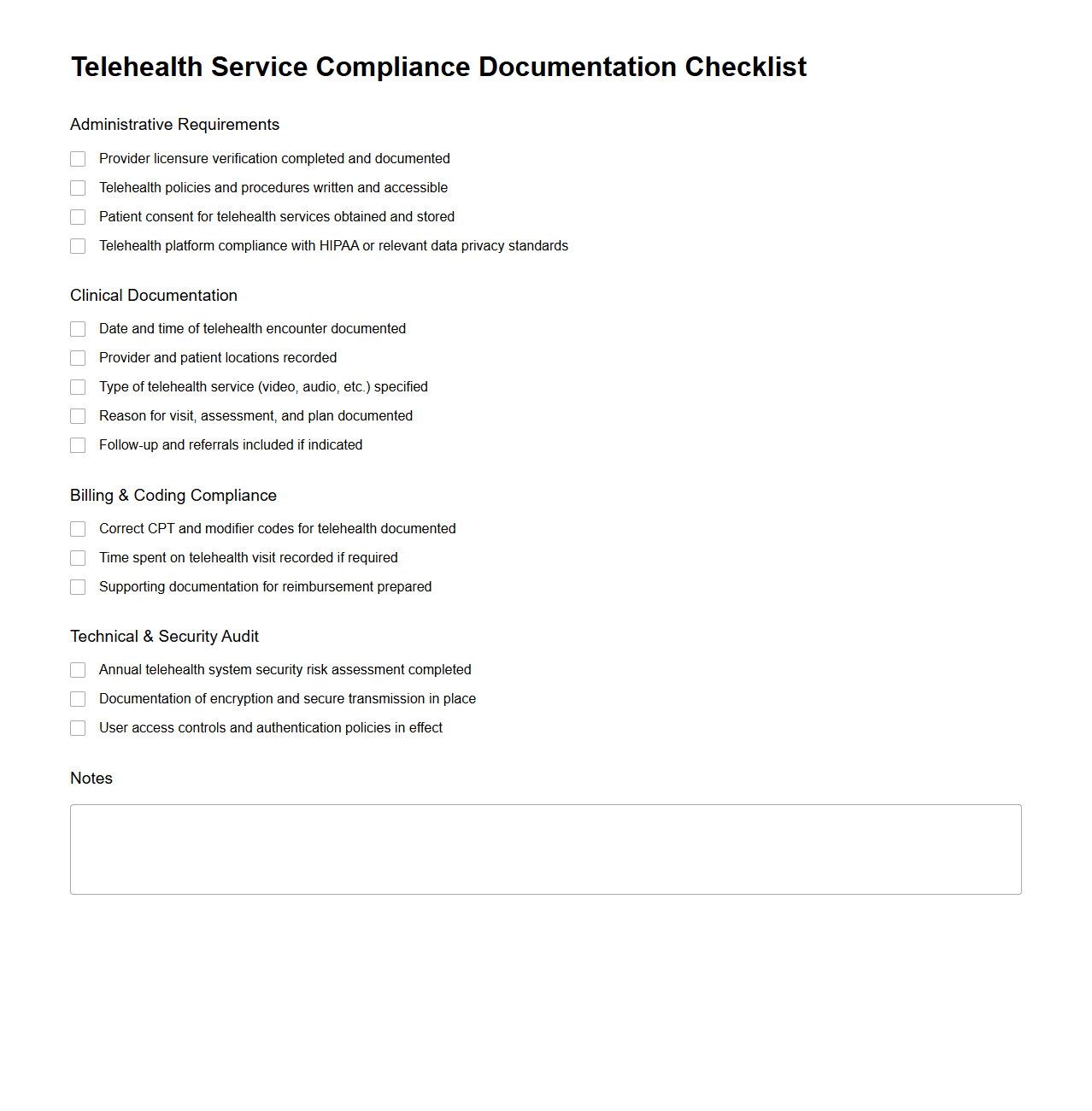 Telehealth Service Compliance Documentation Checklist