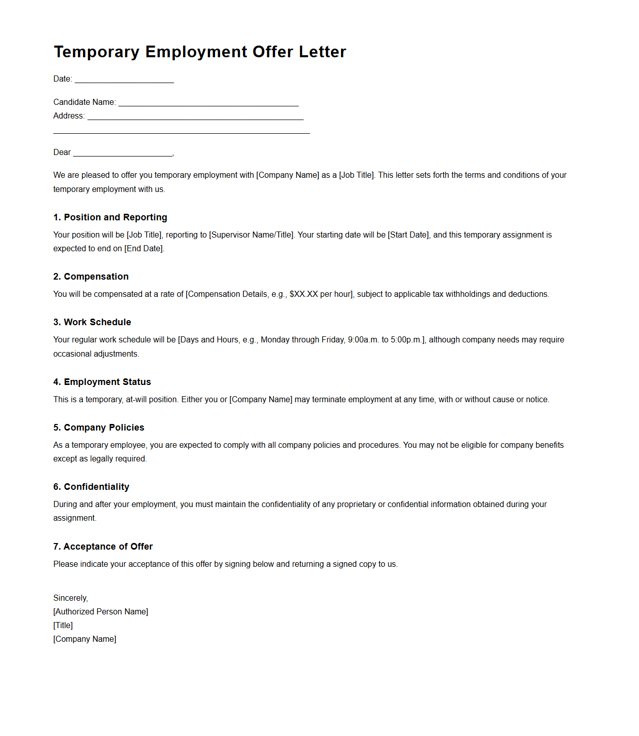Temporary Employment Offer Letter Draft